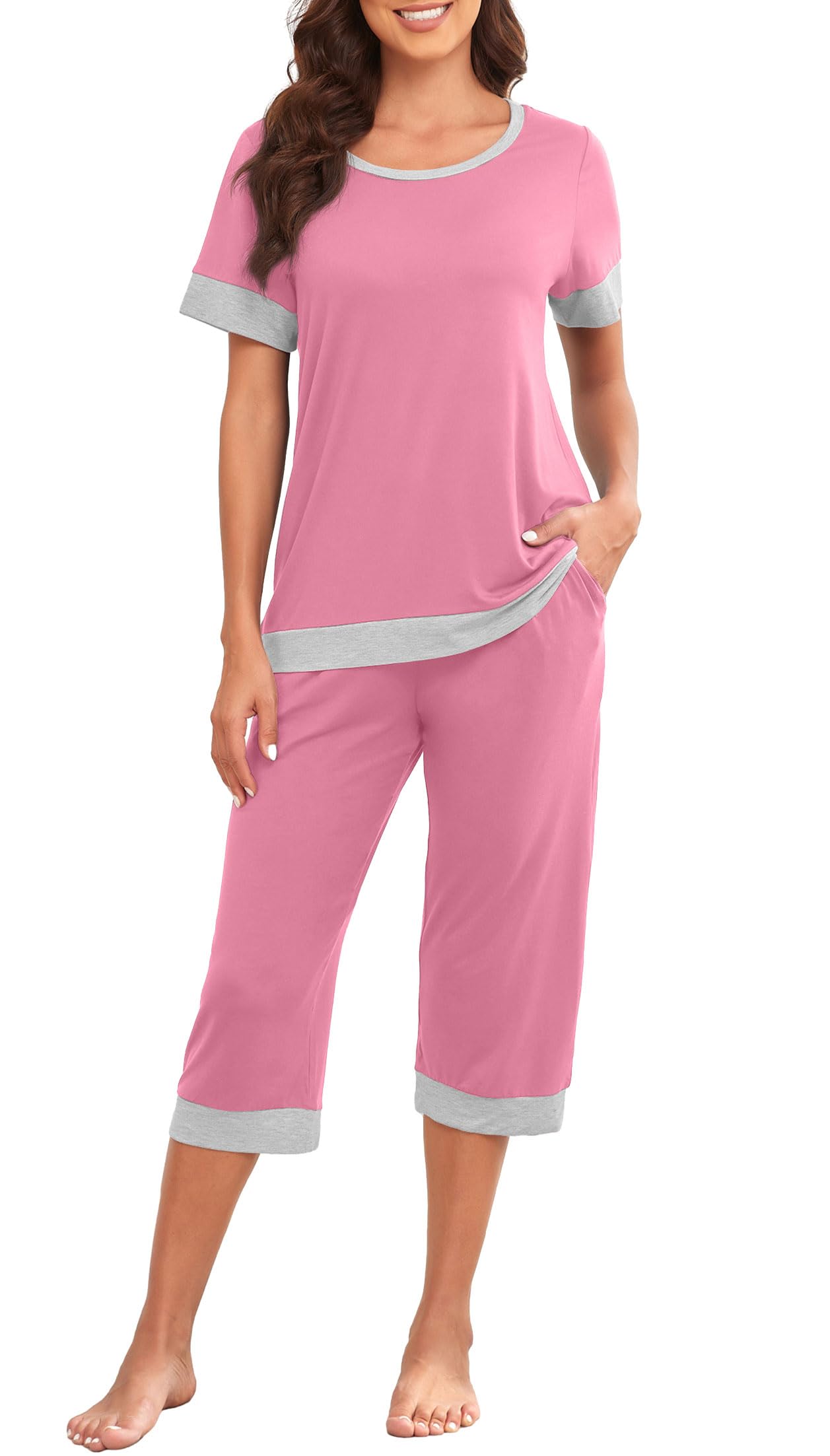 PrinStory Women's Pajama Set Short Sleeve Shirt and Capri Pants Sleepwear Pjs Sets Lounge Set WEBE CLOTHING