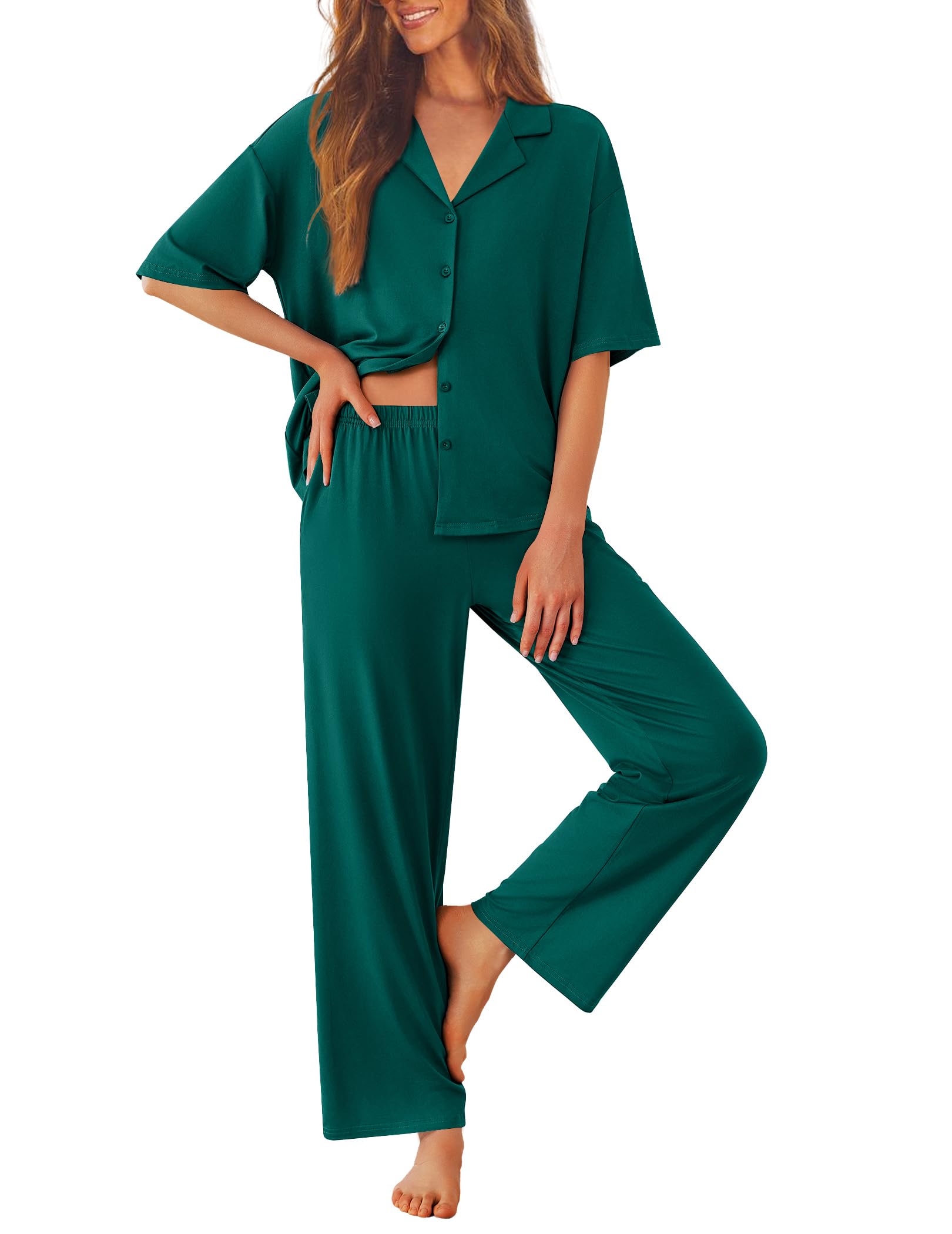 Ekouaer Women Pajamas Set Button Down Sleepwear Short Sleeve Pjs Soft Comfy Nightwear with Long Pants S-XXL
