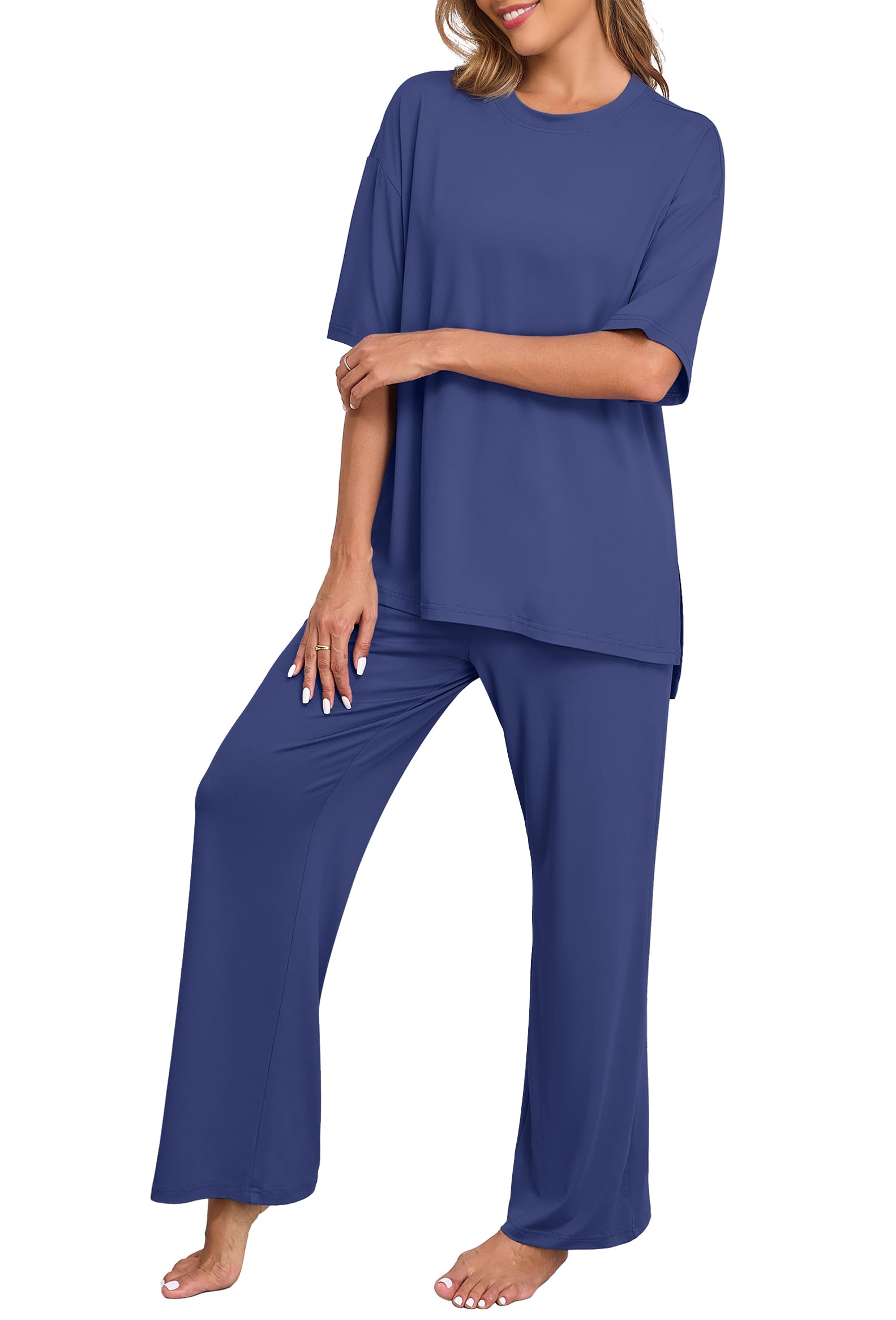 PrinStory Womens Pajamas Sets 2 Piece Lounge Set Short Sleeve Tops and Long Pants Soft Pjs Loungewear with Pockets