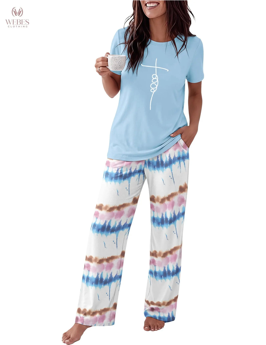 Ekouaer Pajama Set for Women 2 Piece Pjs Short Sleeve Top and Printed Pants | Womens Round Neck Lounge Sets Short Sleeve Sleepwear with Loose Pants for Daily Wear, Home Lounging, Casual Errands WEBE CLOTHING