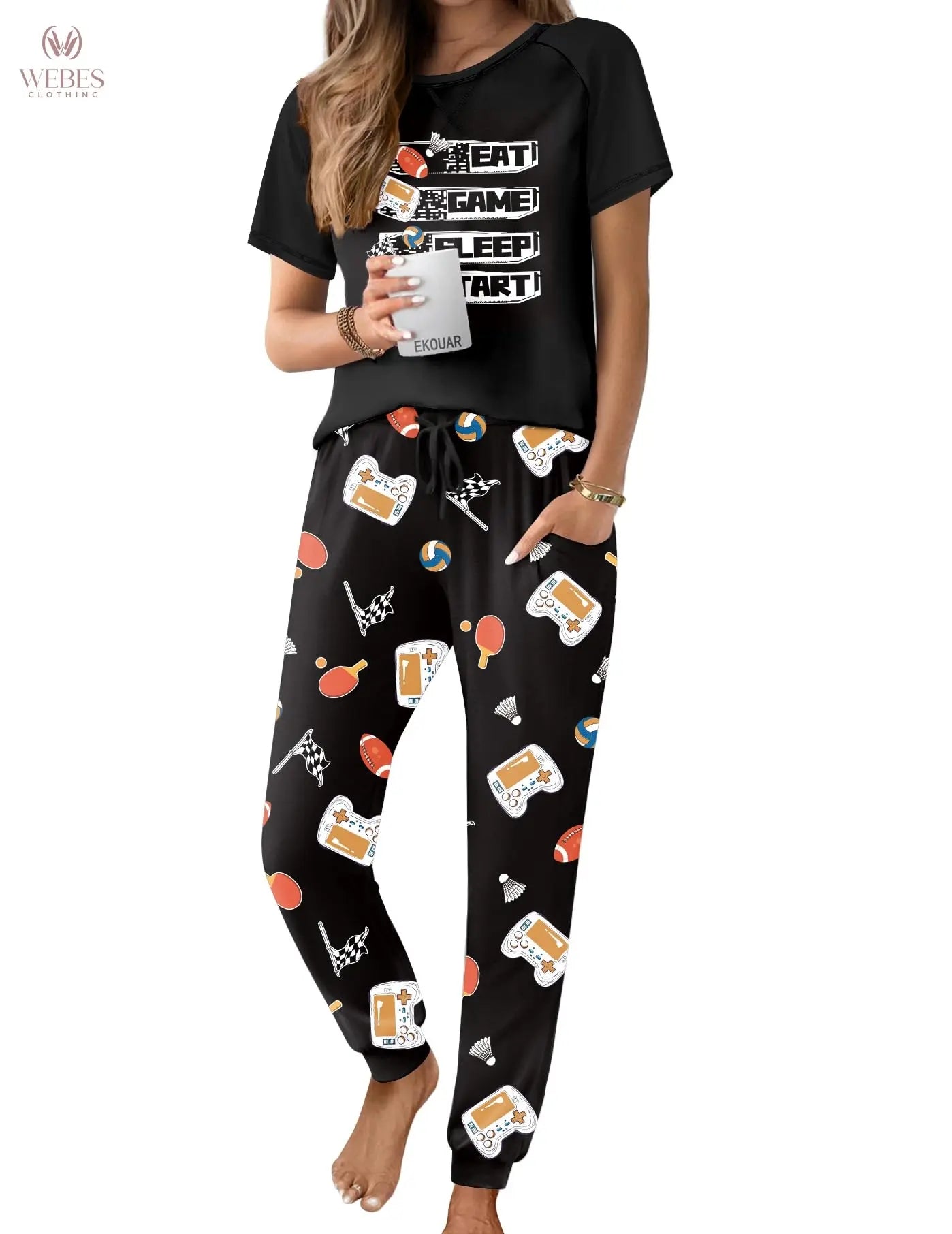 Ekouaer Pajamas for Women Set Short Sleeve PJ Set 2 Piece Jogger Pants | Soft Women Pajama Sets with Cozy Sleepwear Lounge Set Style Featuring Pockets Raglan Short Sleeve Top and Jogger Pants WEBE CLOTHING