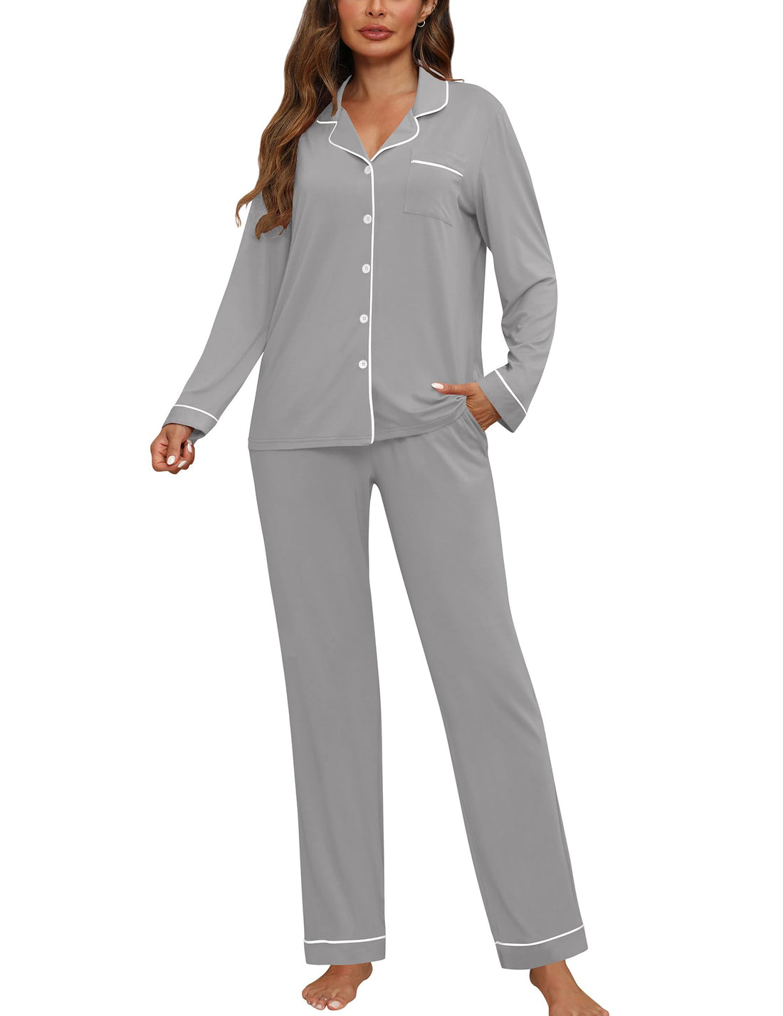 ZMJ Womens Pajamas Sets 2 Piece Long Sleeve and Pant Pj Sets Button Up Sleepwear