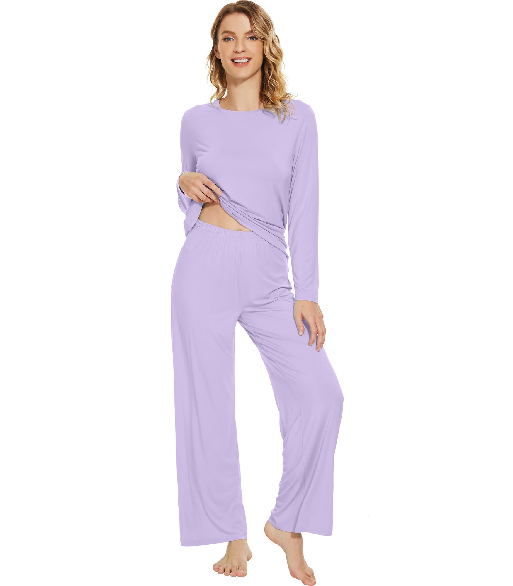 WiWi Bamboo Viscose Pajama Set for Women Super Soft Long Sleeve Top with Pants Loungewear Cooling 2 Piece Pjs Sets S-XXL