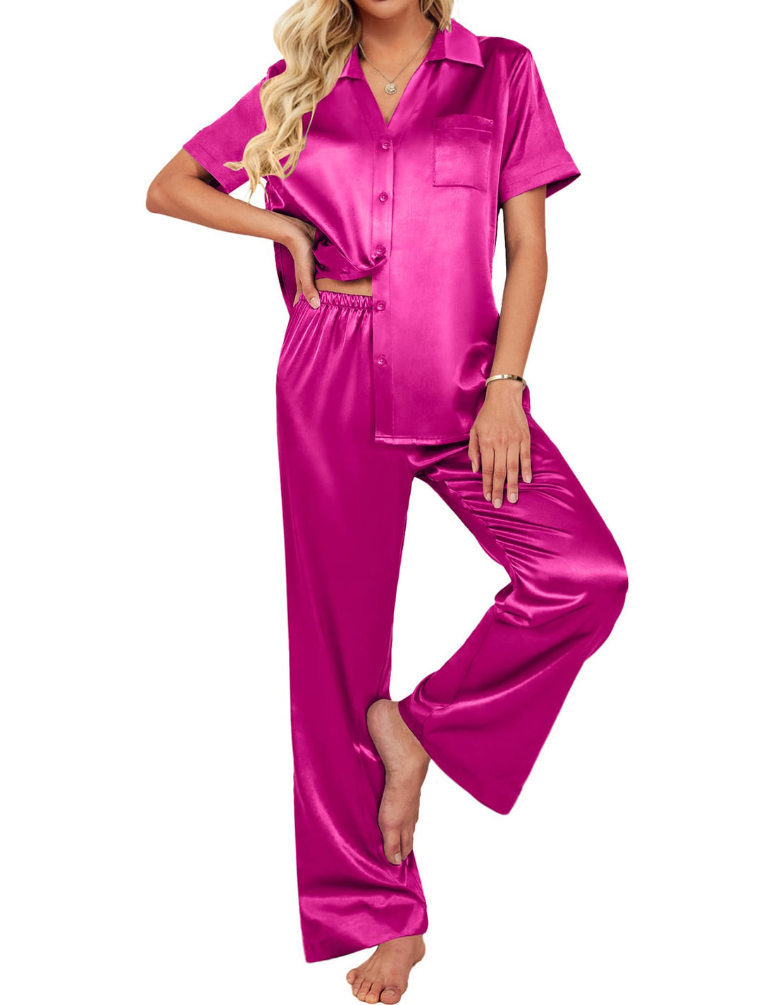 Ekouaer Silk Pajamas for Womens Set 2 Piece Satin Pjs Soft Button Down Sleepwear Wide Leg Long Pants with Pockets