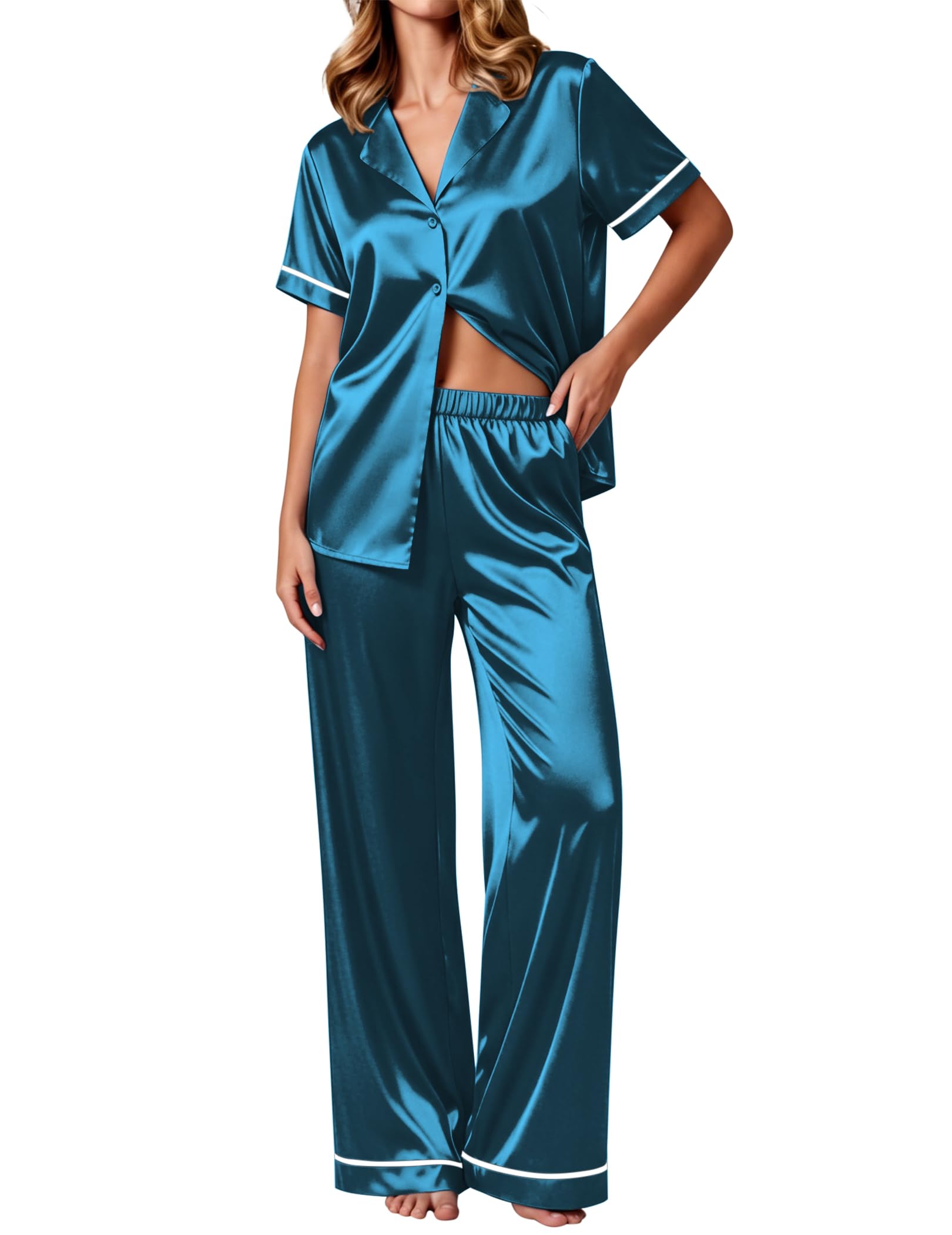 Ekouaer Women's Silk Pajamas Set Short Sleeve Satin Pjs 2 Piece Soft Loungewear with Pants Button Down Sleepwear