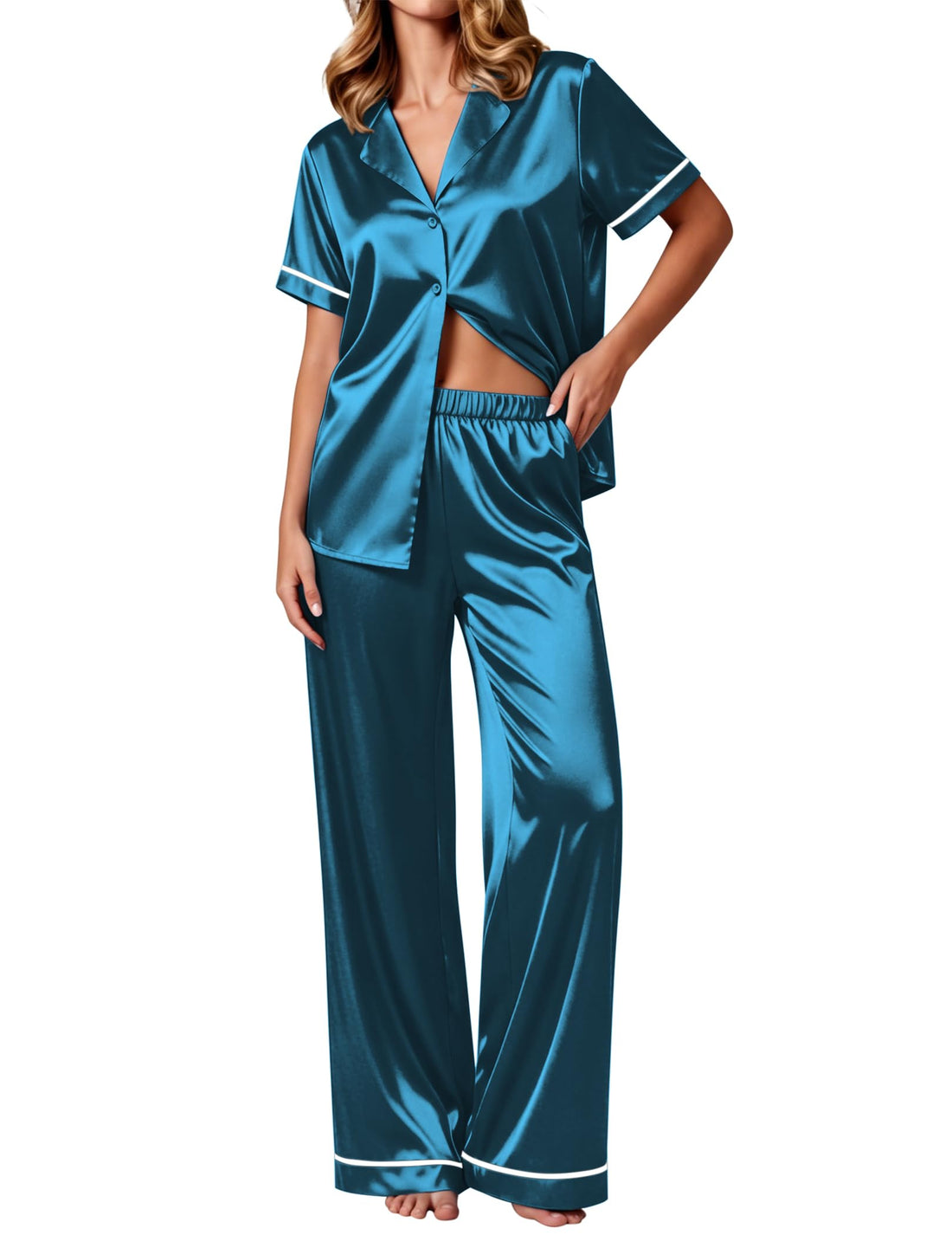 Ekouaer Women's Silk Pajamas Set Short Sleeve Satin Pjs 2 Piece Soft Loungewear with Pants Button Down Sleepwear