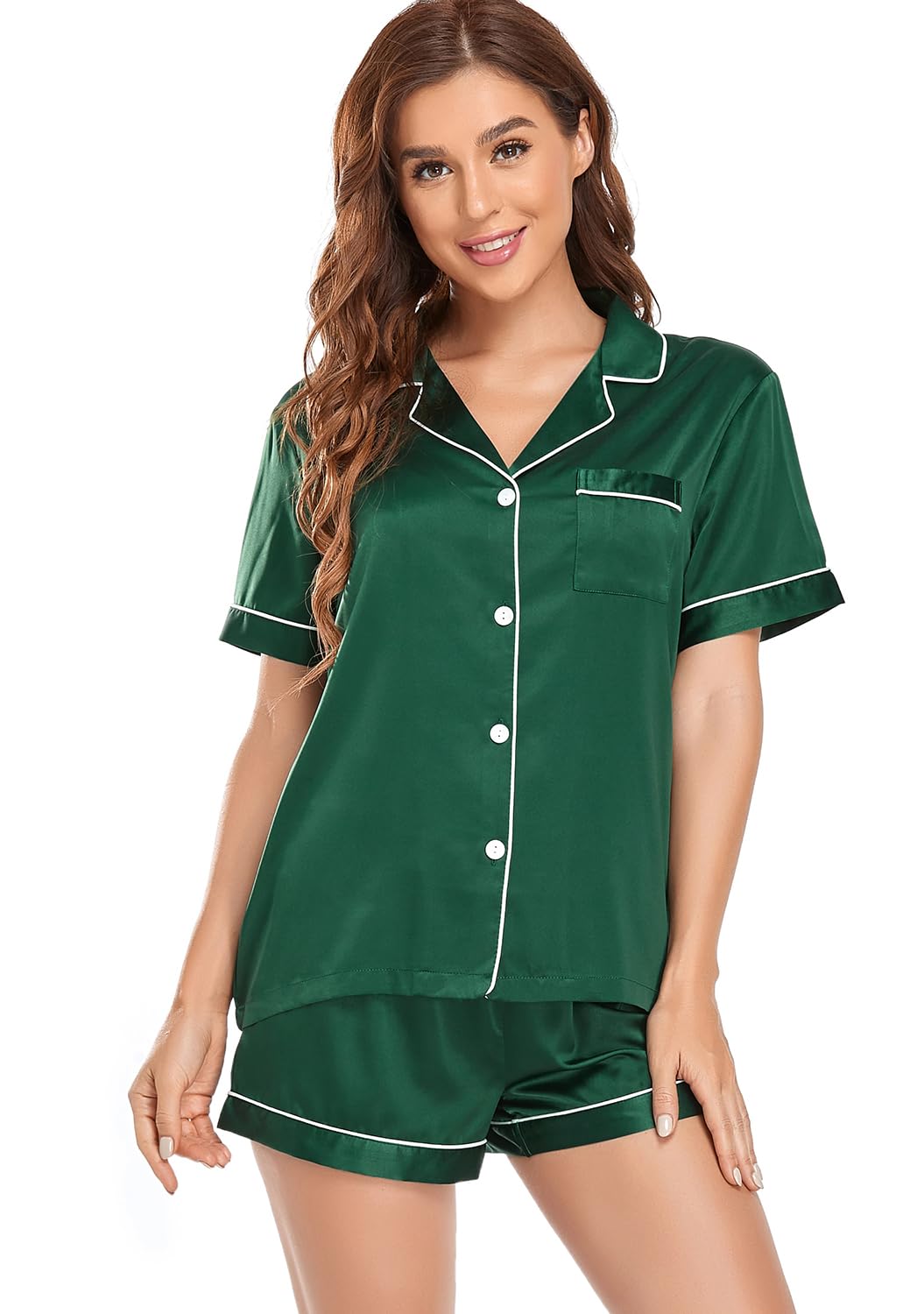 Serenedelicacy Women's Satin Pajama Set 2-Piece Sleepwear Loungewear Button Down Short Sleeve Silky PJ Set