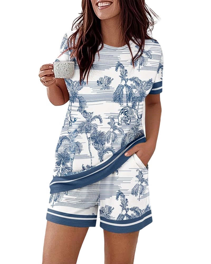 CHICME Pajamas Set for Women 2 Piece Pjs Lounge Set Soft Short Sleeve Tops and Sleep Shorts with Pocket
