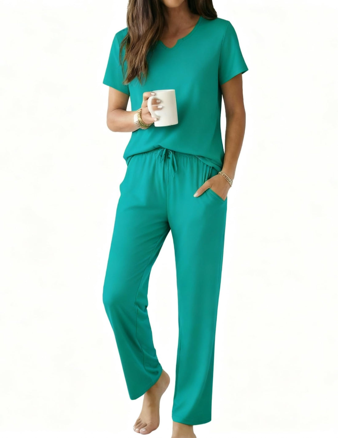 Ekouaer 2 Piece Womens Pajamas Short Sleeve Top and Long Pants Pjs Set Printed Sleepwear with Pocket WEBE CLOTHING