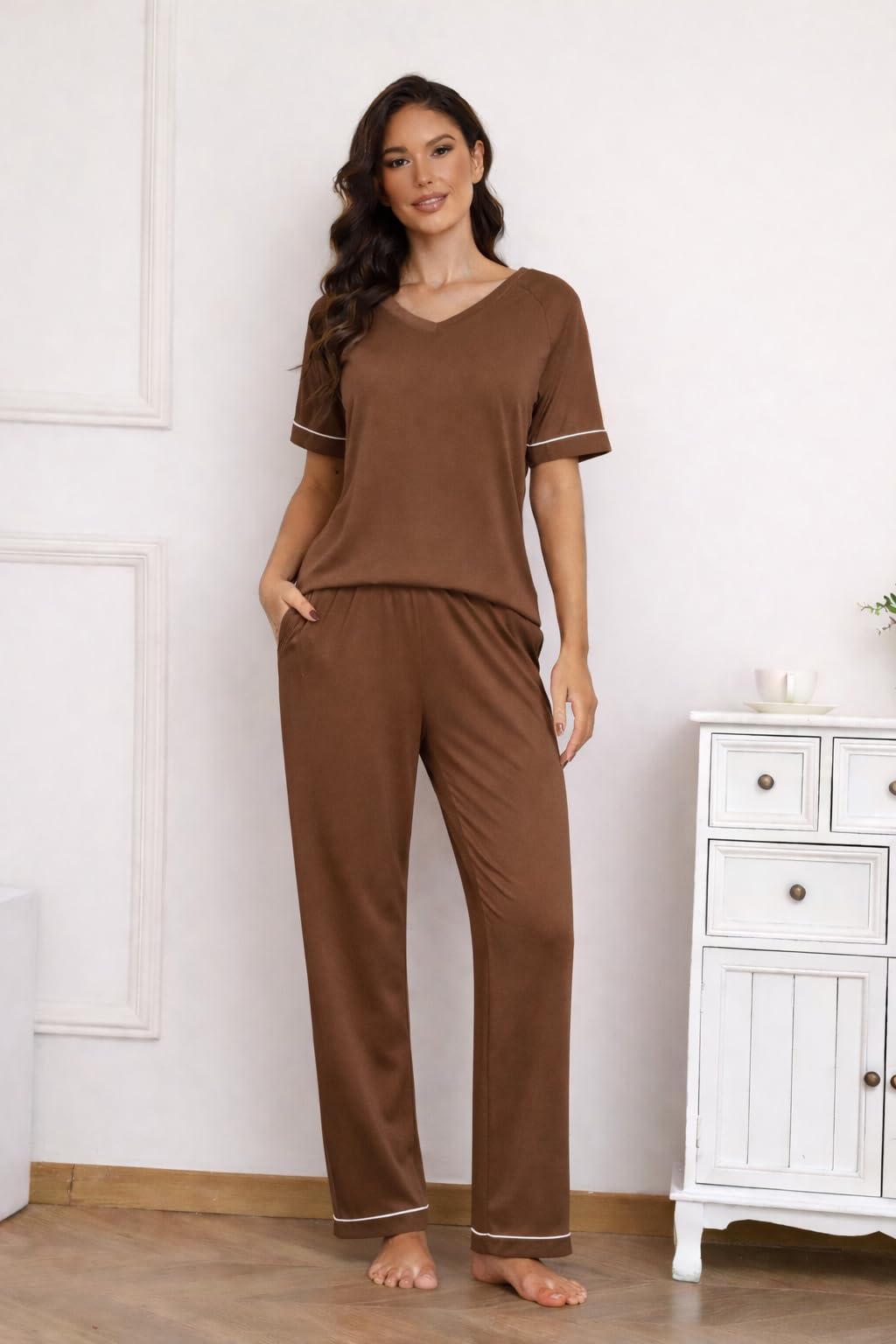 Ekouaer Womens Pajama Set Short Sleeve Pajamas Top and Pants V Neck Pjs Set Soft Loungewear with Pockets