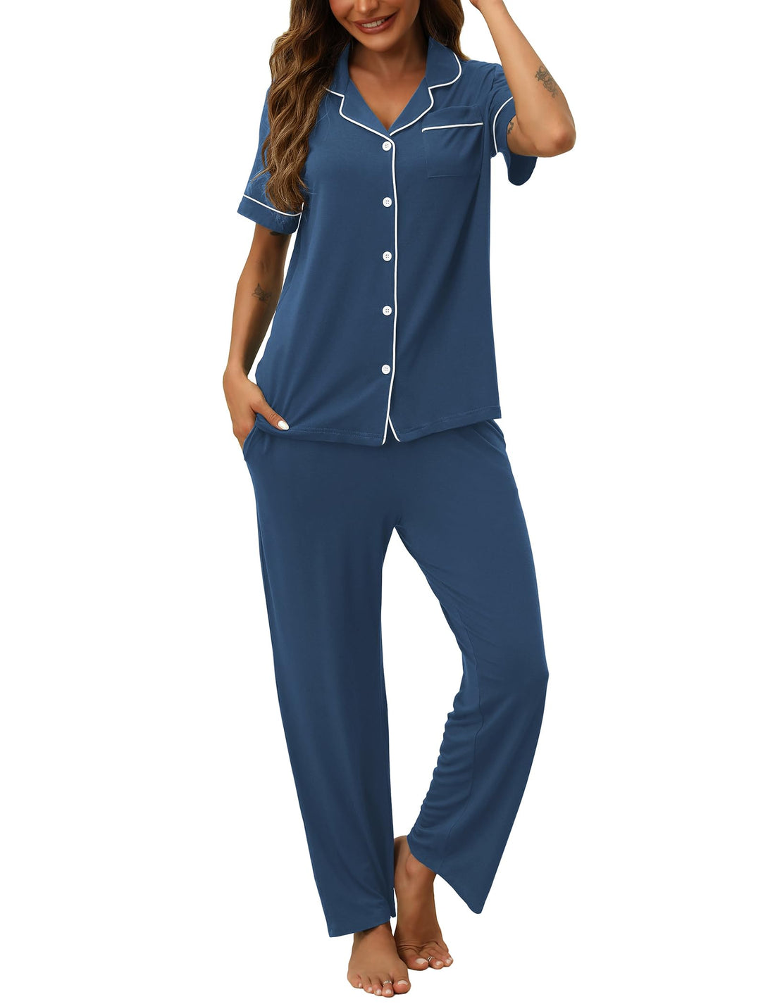HNG Women Pajamas Set 2 Piece Button Up Pajamas Pant and Short Sleeve Shirt for Woman Pj Sets with Pocket