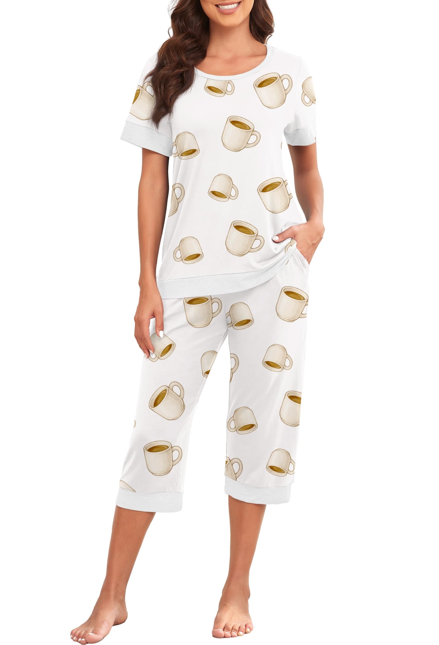 PrinStory Women's Pajama Set Short Sleeve Shirt and Capri Pants Sleepwear Pjs Sets Lounge Set WEBE CLOTHING