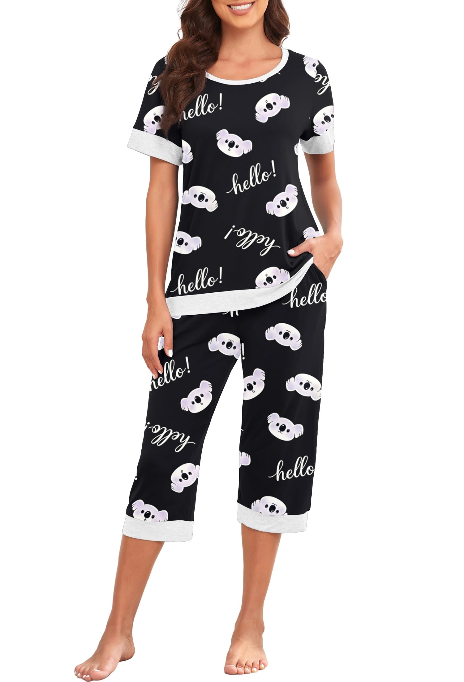 PrinStory Women's Pajama Set Short Sleeve Shirt and Capri Pants Sleepwear Pjs Sets Lounge Set WEBE CLOTHING
