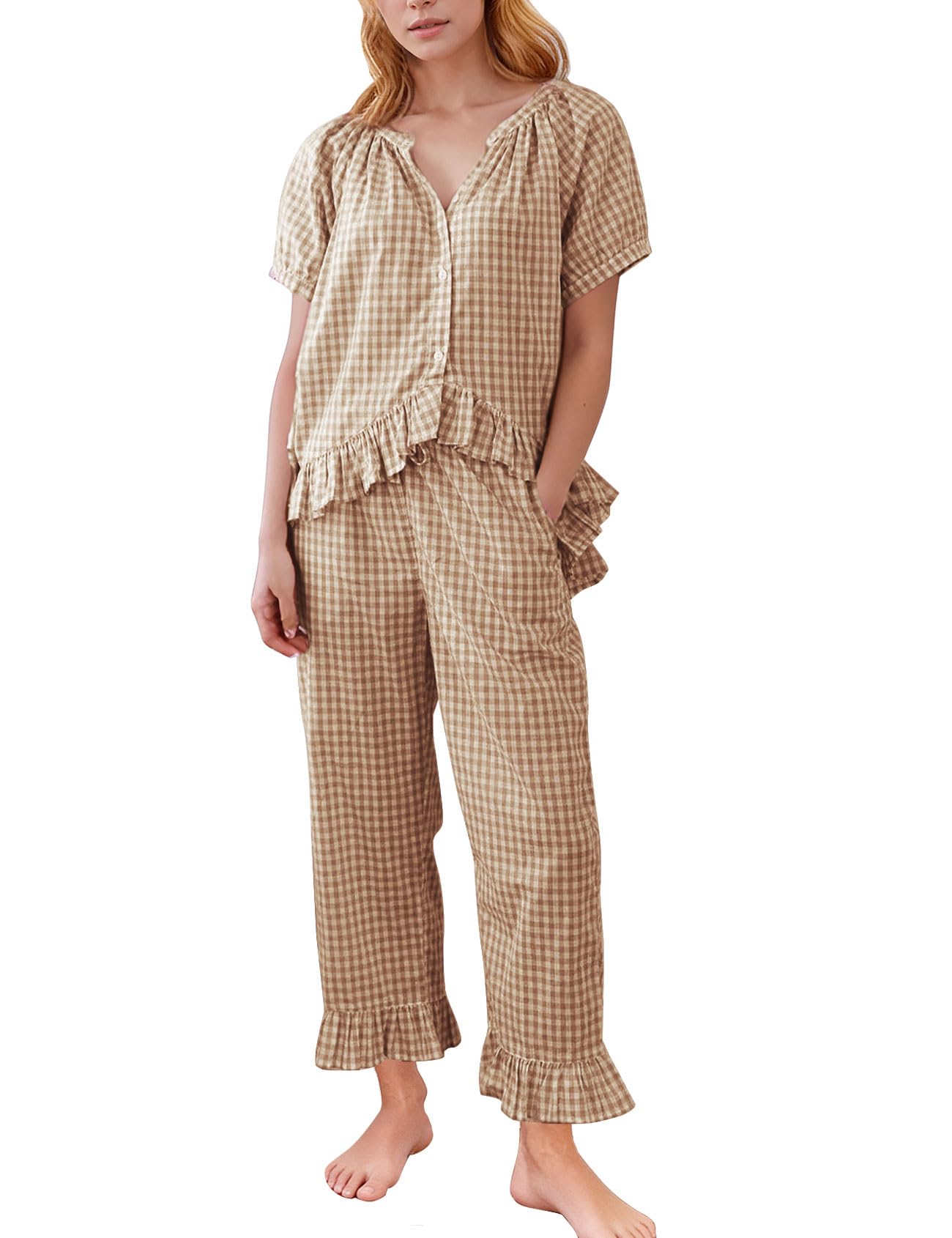 Flygo Womens Plaid 2 Piece Pajamas Sets Gingham Button Down Puff Sleeve Babydoll Shirt Ruffle Pants Y2K Pjs Lounge Set WEBE CLOTHING