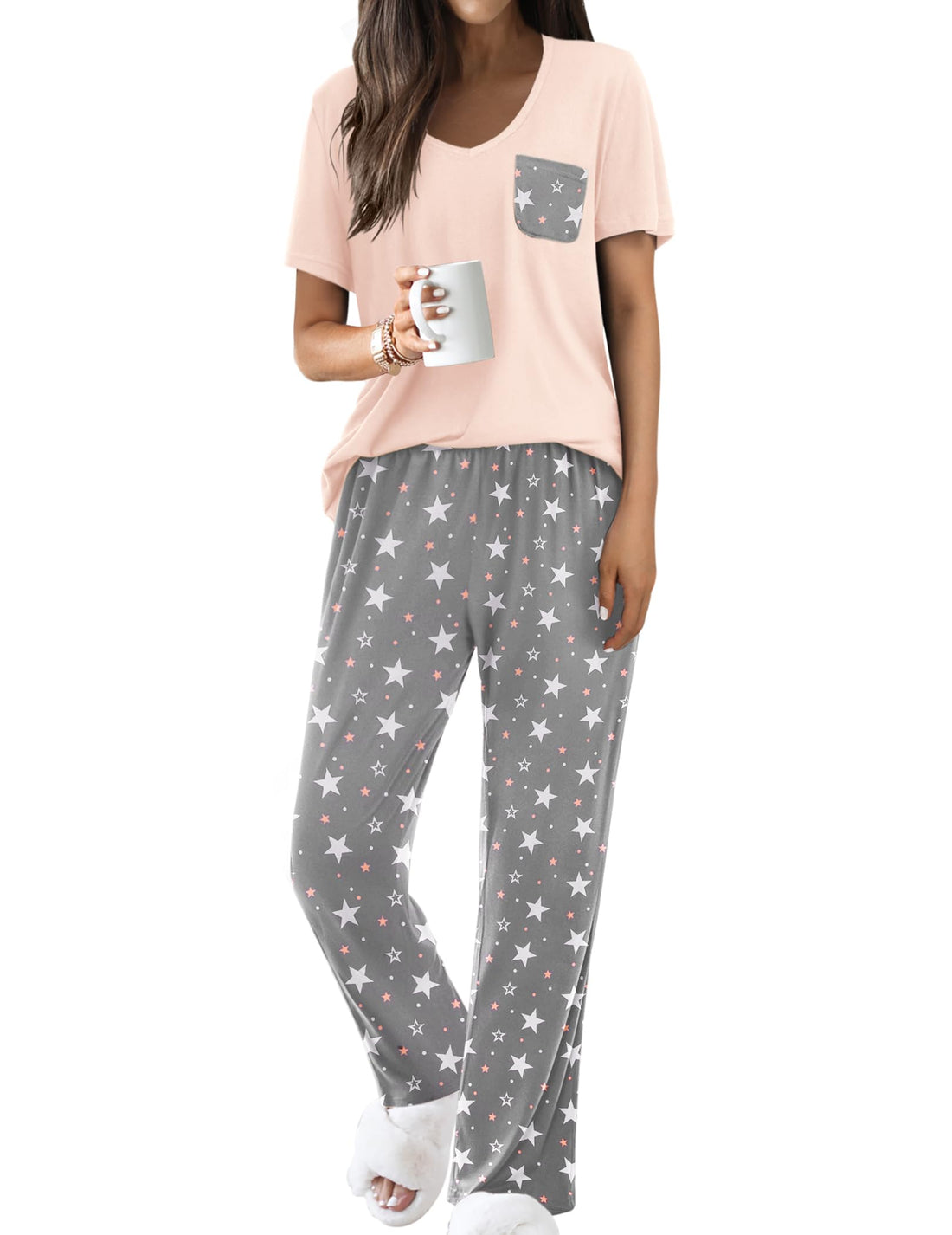 Ekouaer Pajama Sets for Women Short Sleeve Pj Set V Neck Sleepwear Chest Pocket with Long Pants Casual Loose Loungewear WEBE CLOTHING