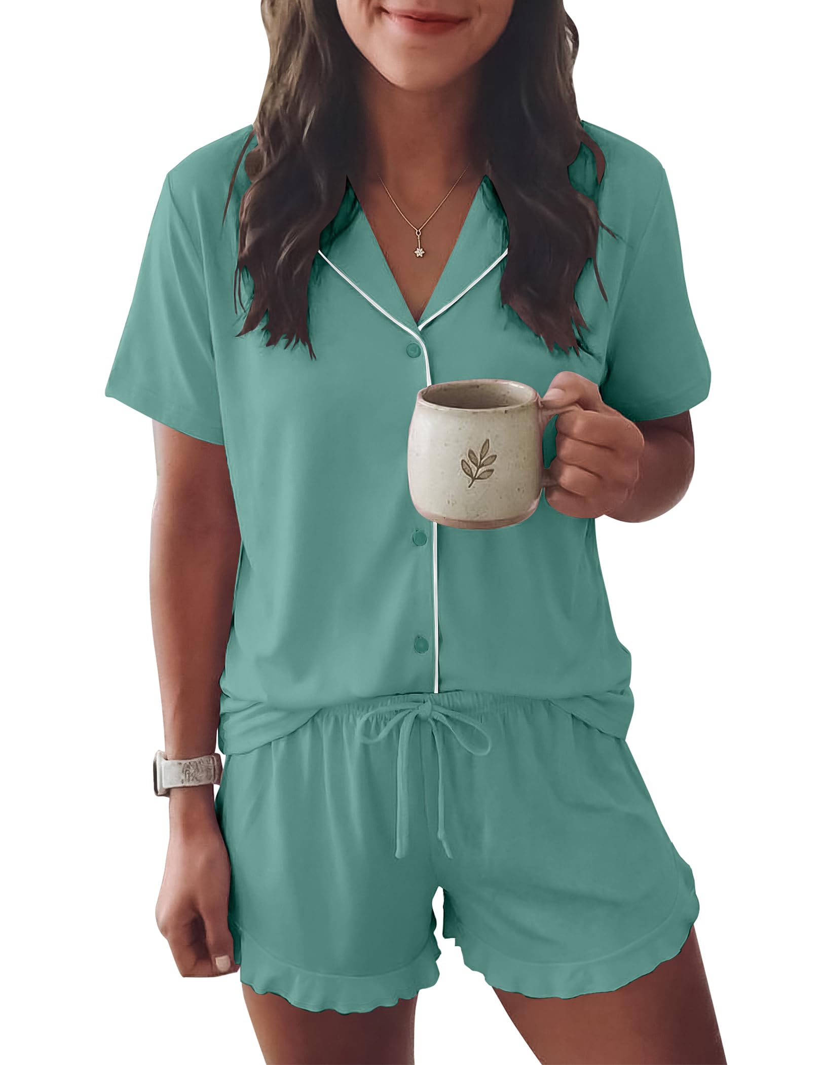 Ekouaer Womens Pajama Sets Button Down Short Sleeve Top and Shorts Cute Ruffled Pjs Sets Sleepwear