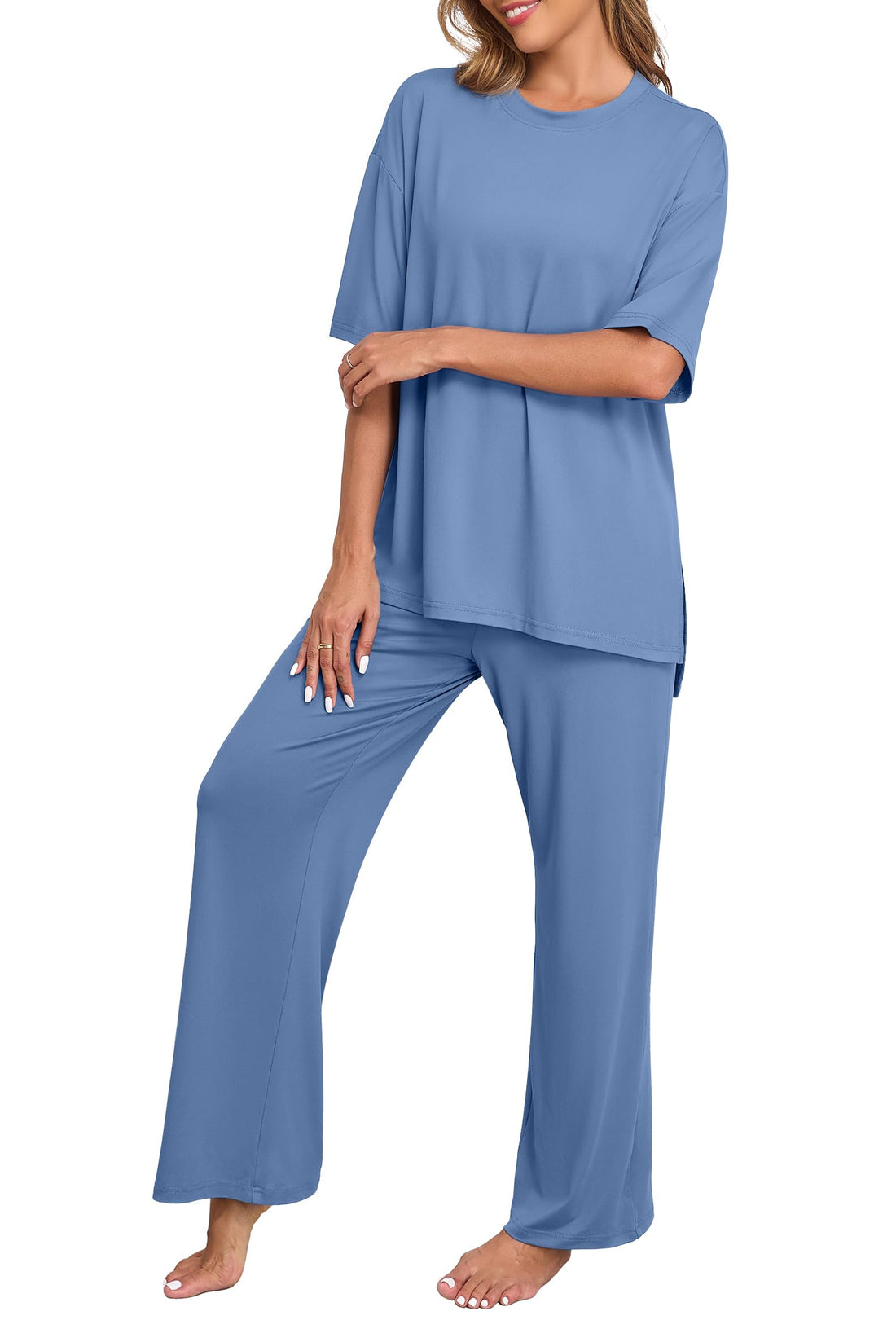 PrinStory Womens Pajamas Sets 2 Piece Lounge Set Short Sleeve Tops and Long Pants Soft Pjs Loungewear with Pockets