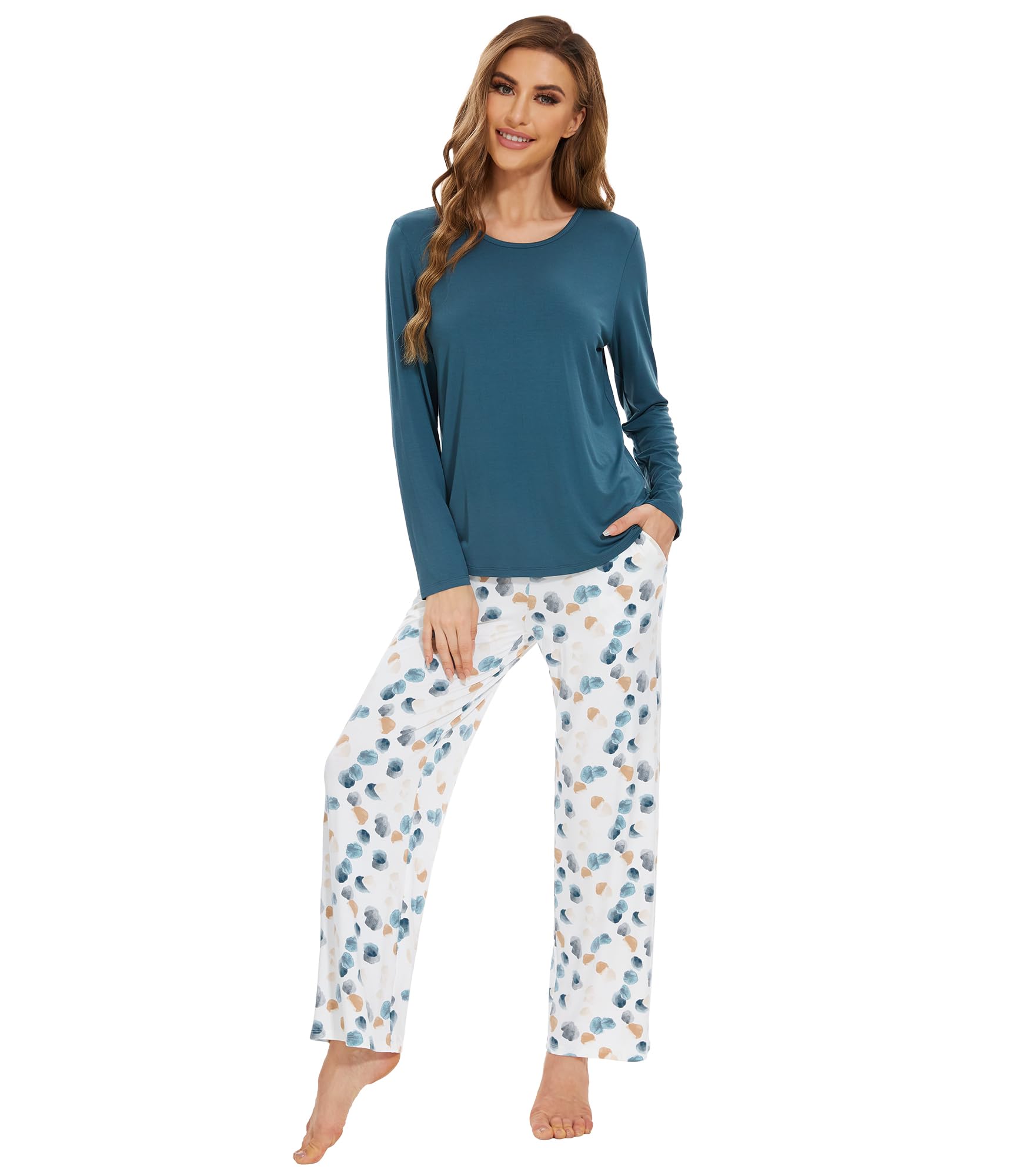 WiWi Bamboo Viscose Pajama Set for Women Super Soft Long Sleeve Top with Pants Loungewear Cooling 2 Piece Pjs Sets S-XXL
