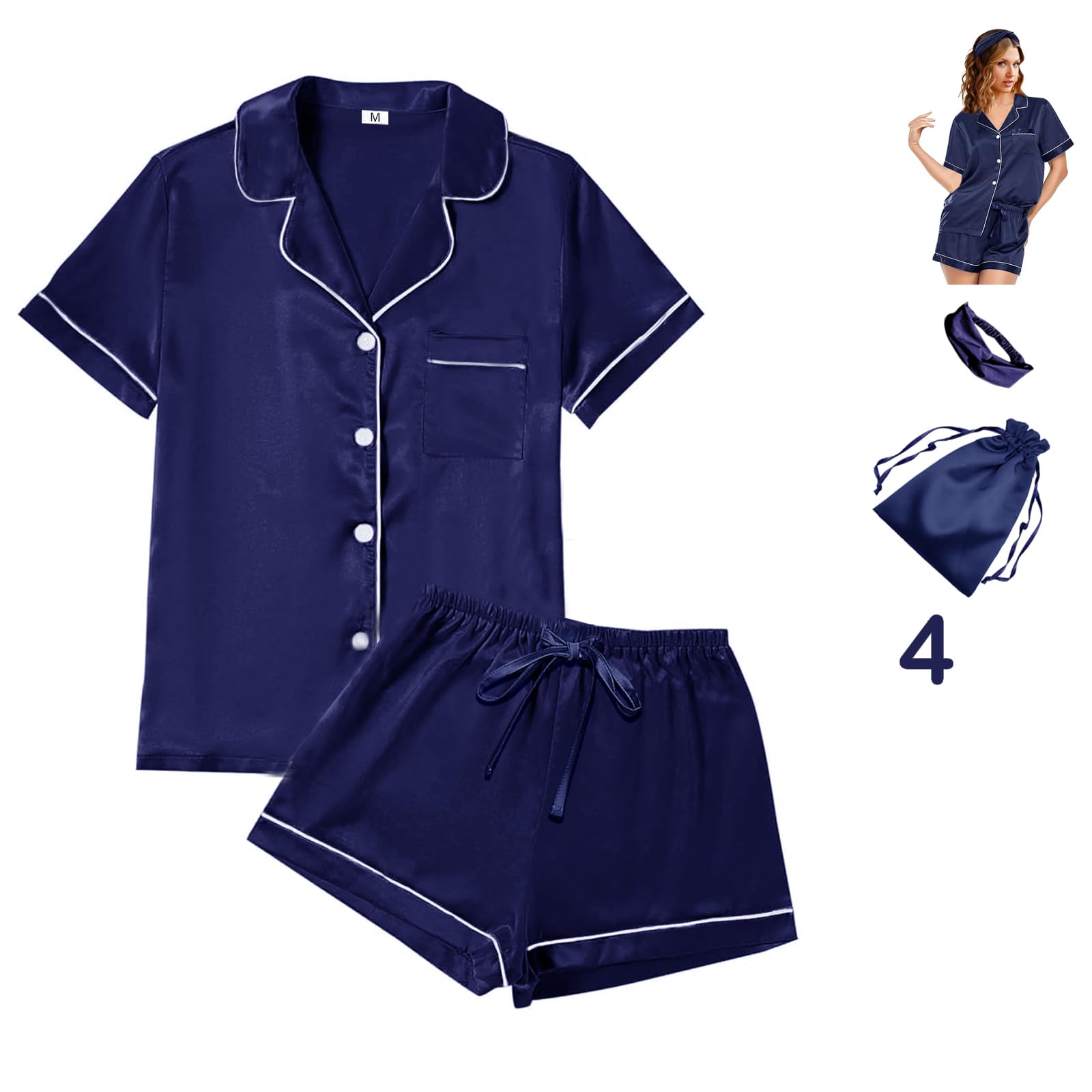 WJing Yi Jia 4Pcs Womens Satin Silky Pajama Sets Short Sleeve Shirt XS-4XL Floral Pajamas Set Soft PJ Loungewear Sleepwear