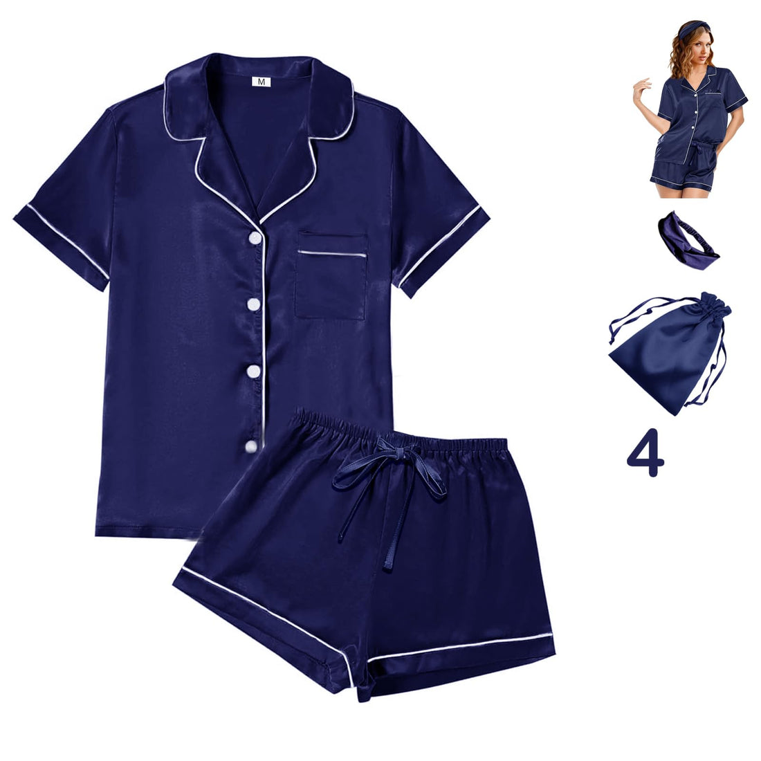 WJing Yi Jia 4Pcs Womens Satin Silky Pajama Sets Short Sleeve Shirt XS-4XL Floral Pajamas Set Soft PJ Loungewear Sleepwear