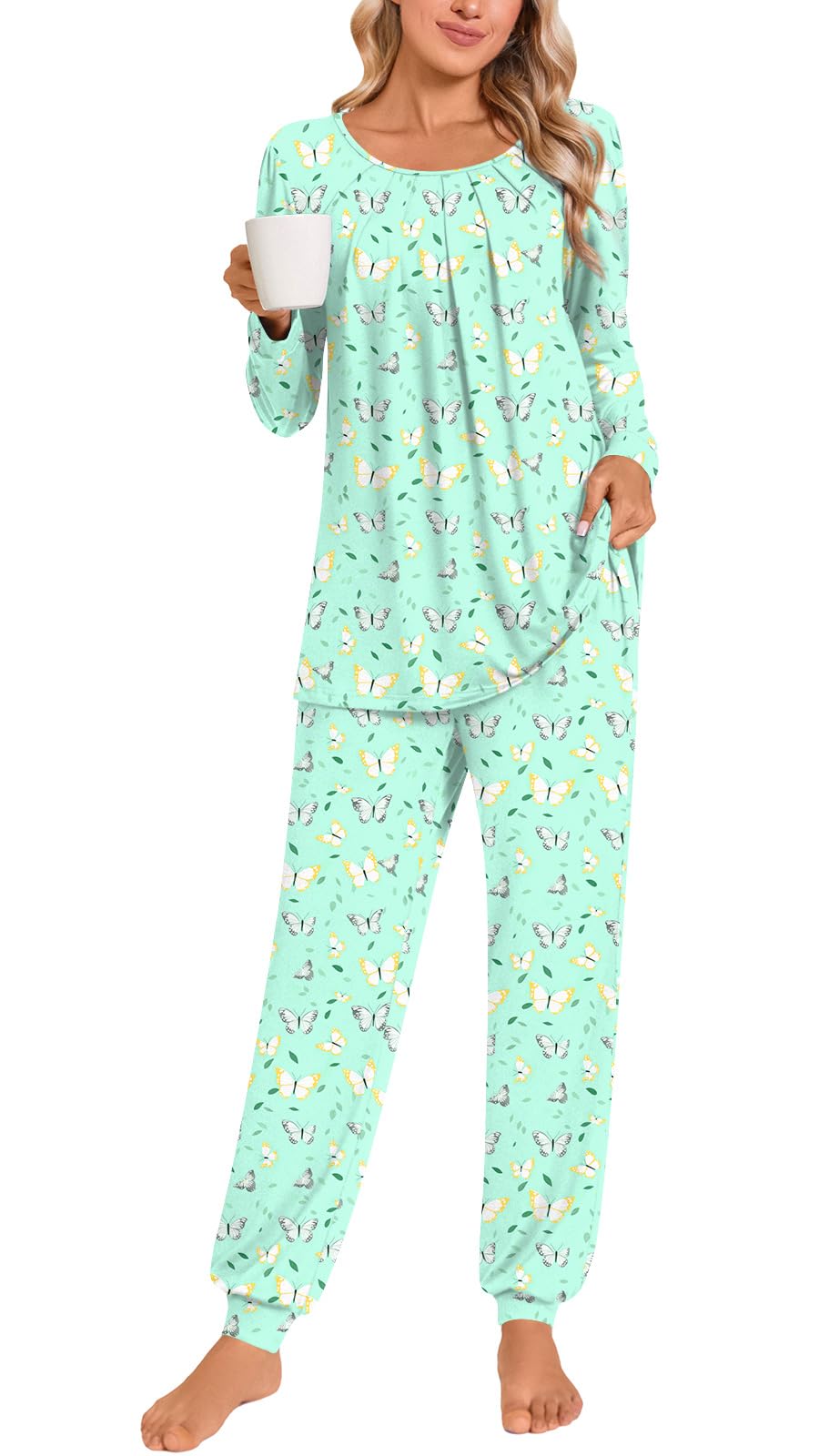 Anymeet Womens Pajama Sets Fall Winter Long Sleeve 2 Piece Sleepwear Soft Lounge Outfits with Pockets