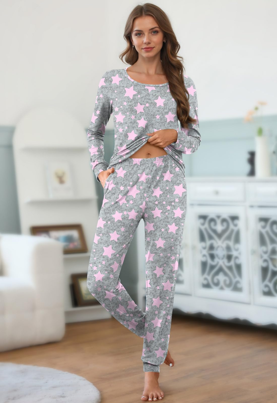 HOTGIFT Womens Pajamas Sets, 2 Piece Lounge Pjs Set Long Sleeve Long Pant Ladies Sleepwear with Pockets Soft