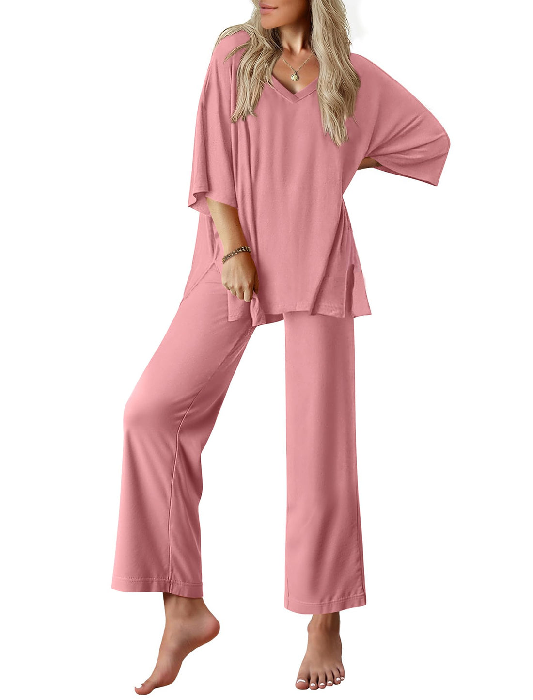Ekouaer Lounge Sets for Women Short Sleeve Tops and Long Pants Pajamas Set | Comfy V Neck Top and Loose Fit Pants, Fashion Oversized style, ideal for Home relaxation, Daily Wear & Maternity WEBE CLOTHING