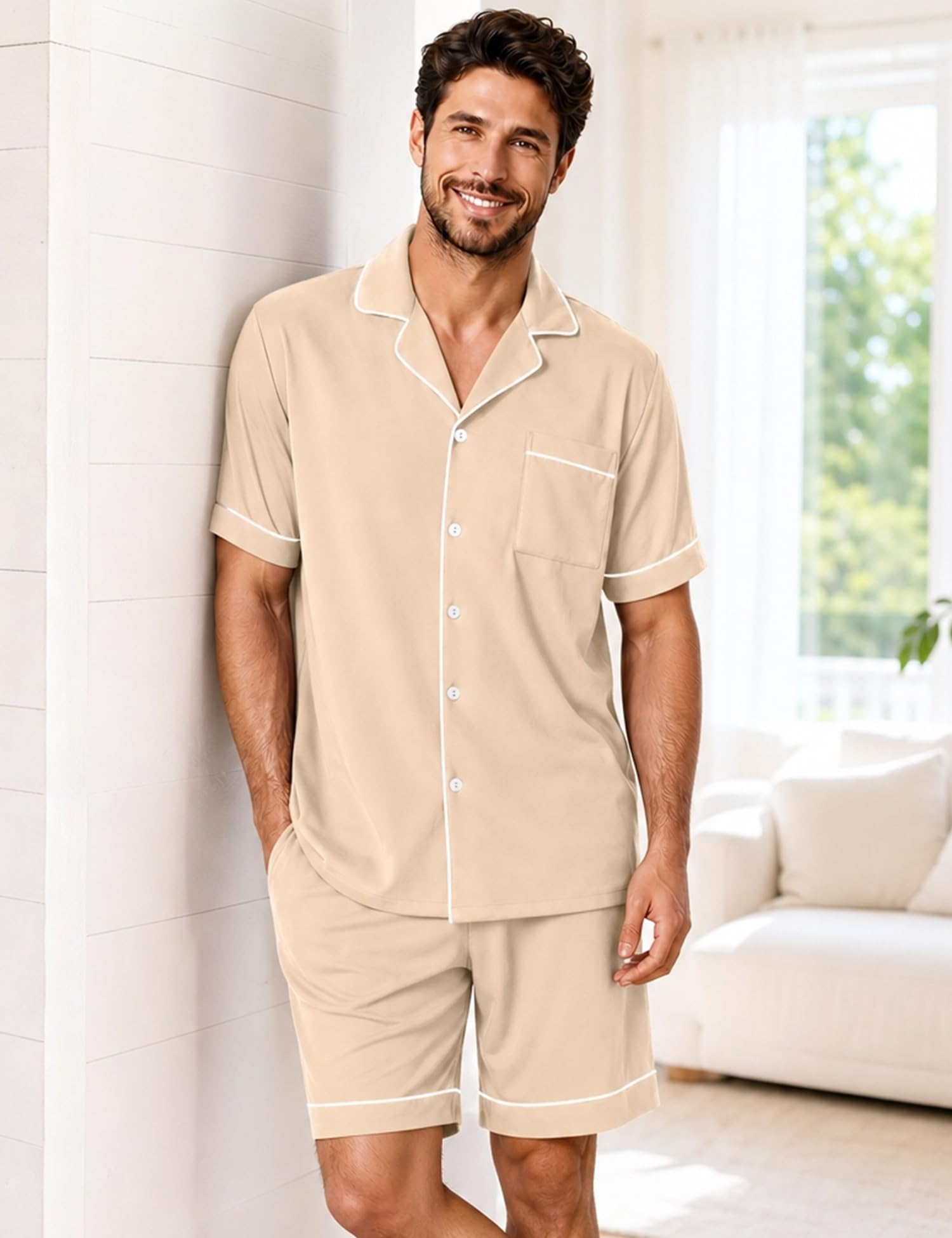 SWOMOG 100% Cotton Mens Pajama Set Short Sleeve Sleepwear Button Down Loungewear 2 PCS Cotton Pjs Set with Pockets WEBE CLOTHING