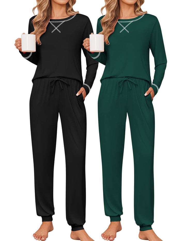 Ekouaer 2 Pack Pajama Sets for Womens Jogger Pants Pjs Long Sleeves Lounge Set Soft Sleepwear with Pockets