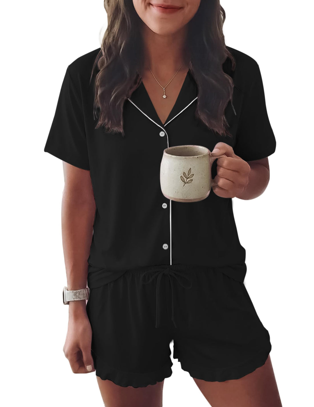 Ekouaer Womens Pajama Sets Button Down Short Sleeve Top and Shorts Cute Ruffled Pjs Sets Sleepwear