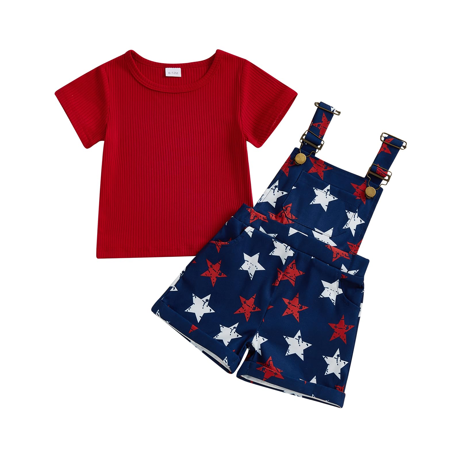 Toddler Baby Girls Summer Outfits T-Shirt Overalls Shorts Set | Short Sleeve Ribbed Shirt, Flower/Apple/Strawberry/Camo/Star/Bee Suspender Overalls, Kid 2Pcs Clothing, Spring Clothes 12M-5Y WEBE CLOTHING