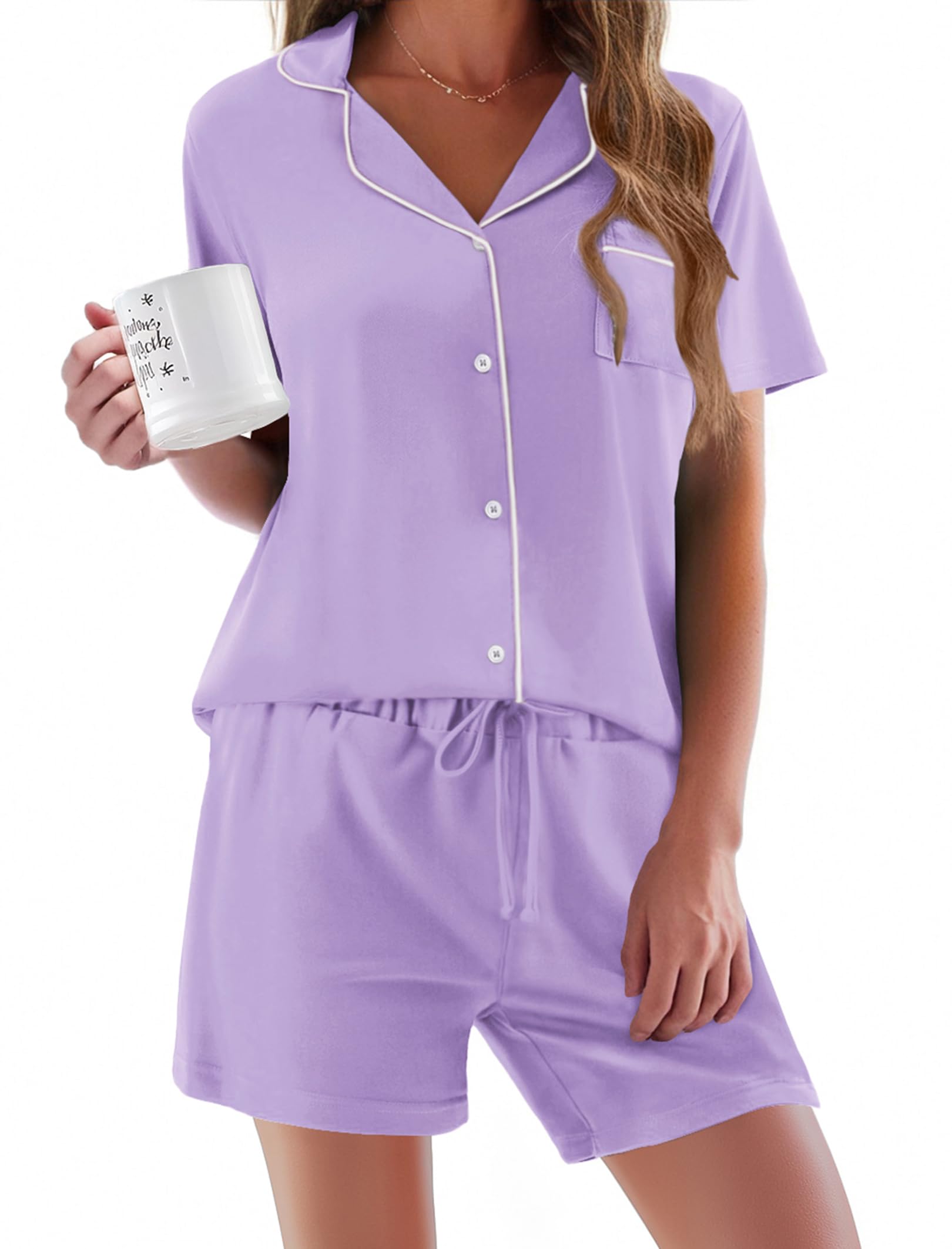 Ekouaer Pajamas Set for Women Short Sleeve Sleepwear Button Down Pjs Soft 2 Piece Lounge Sets XS-XXXL