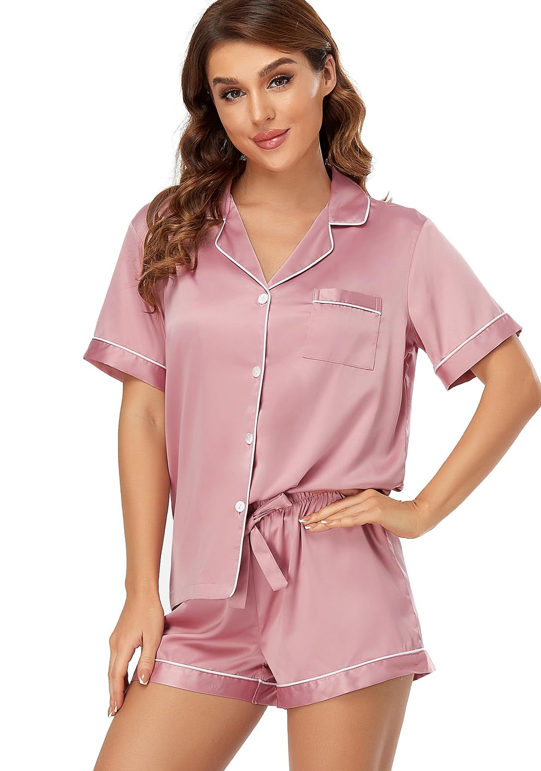 Serenedelicacy Women's Satin Pajama Set 2-Piece Sleepwear Loungewear Button Down Short Sleeve Silky PJ Set