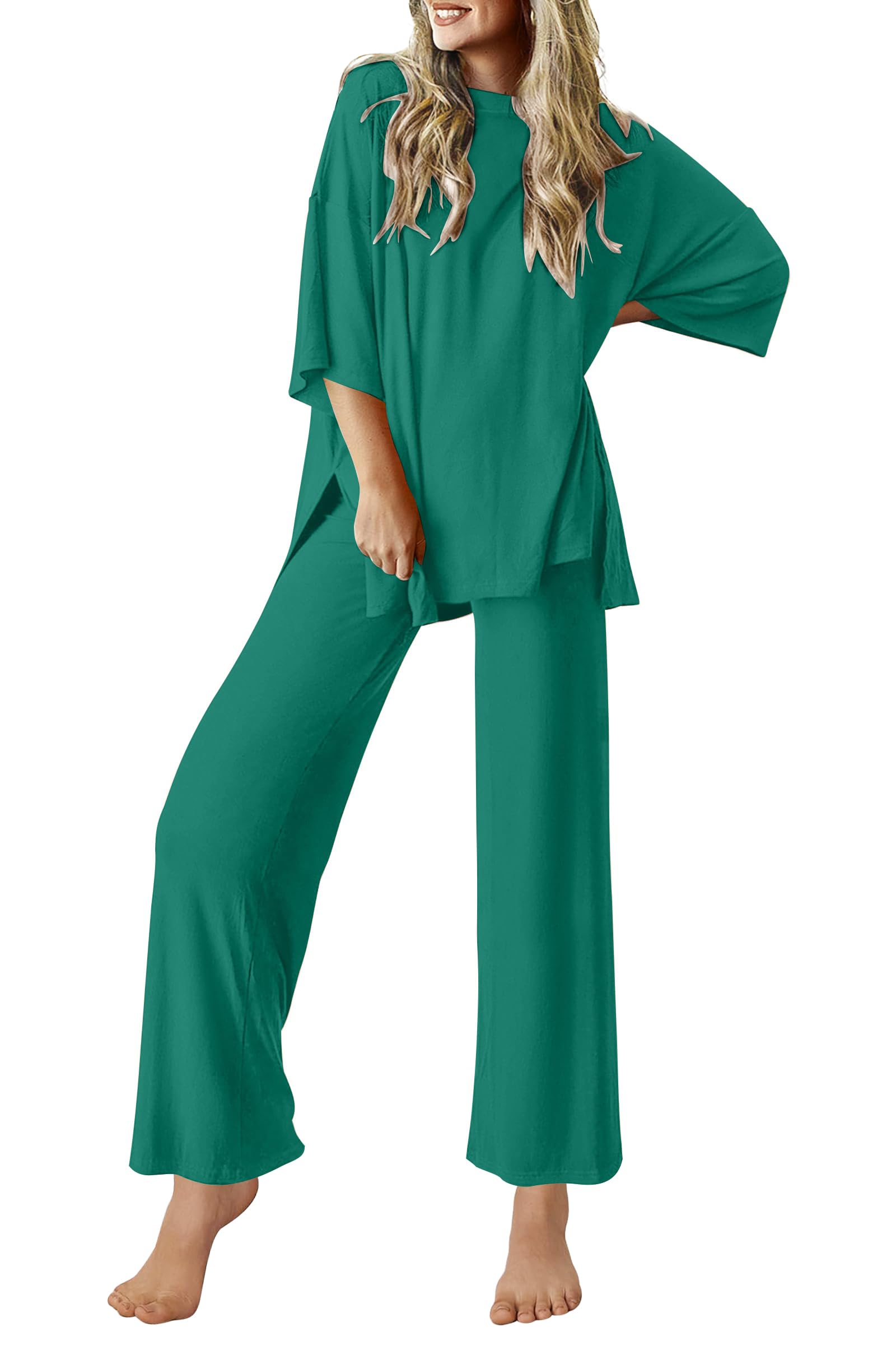 Ekouaer Lounge Sets for Women Short Sleeve Tops and Long Pants Soft Comfy Pajamas Set 2 Piece Outfits