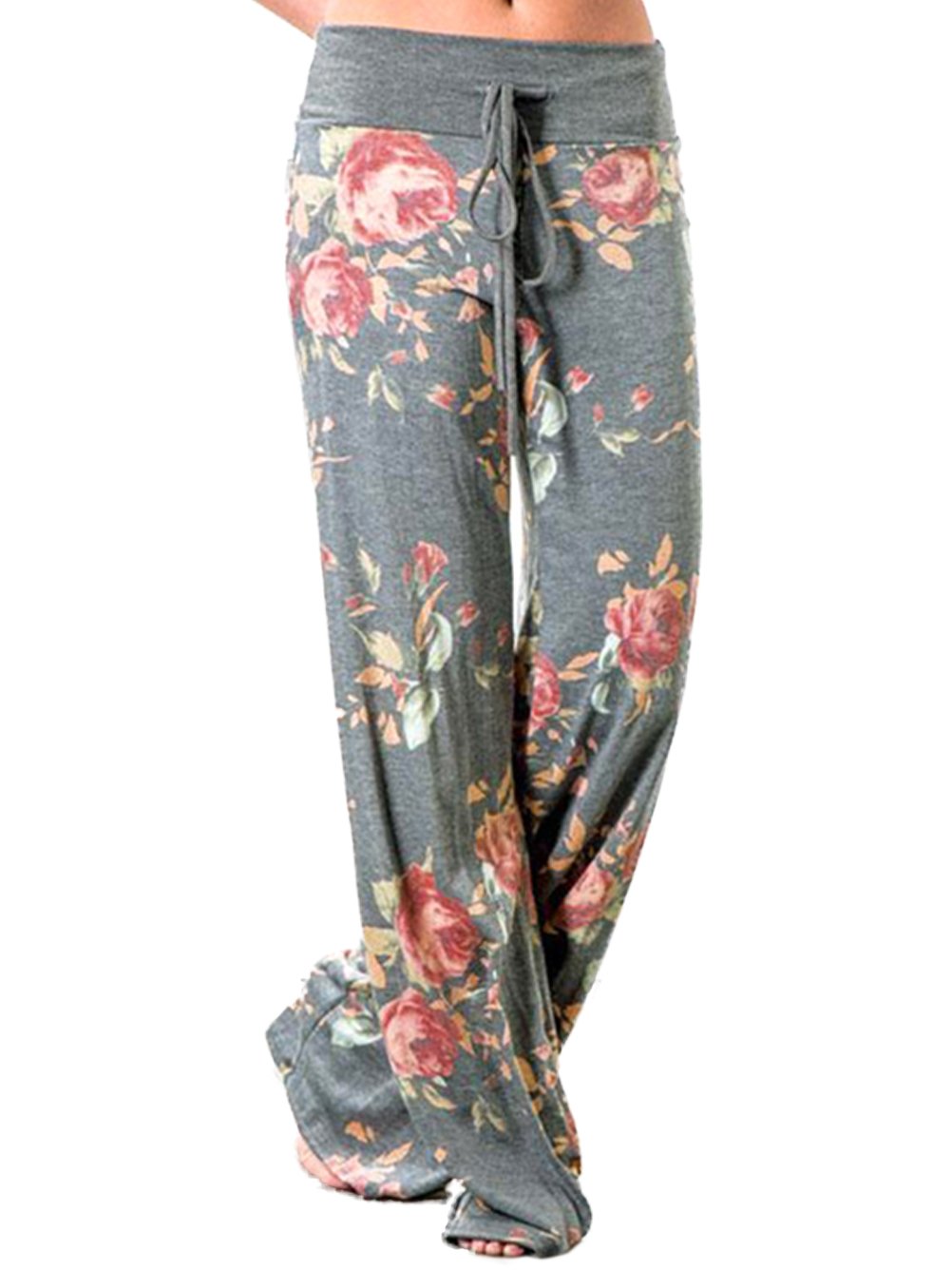 iChunhua Women's Comfy Stretch Floral Print Drawstring Palazzo Wide Leg Lounge Pant