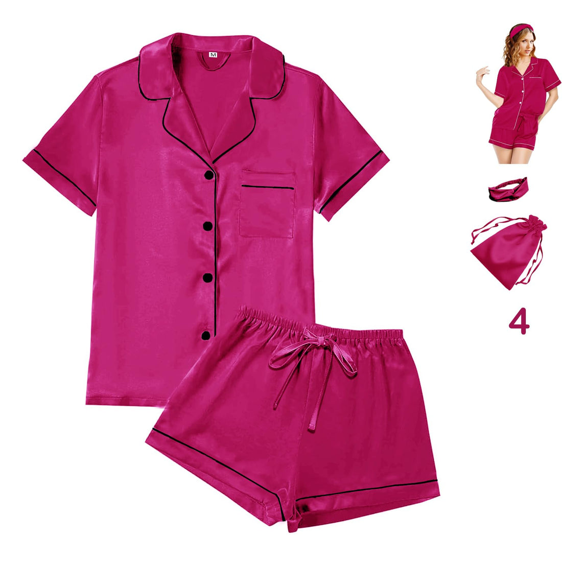 WJing Yi Jia 4Pcs Womens Satin Silky Pajama Sets Short Sleeve Shirt XS-4XL Floral Pajamas Set Soft PJ Loungewear Sleepwear