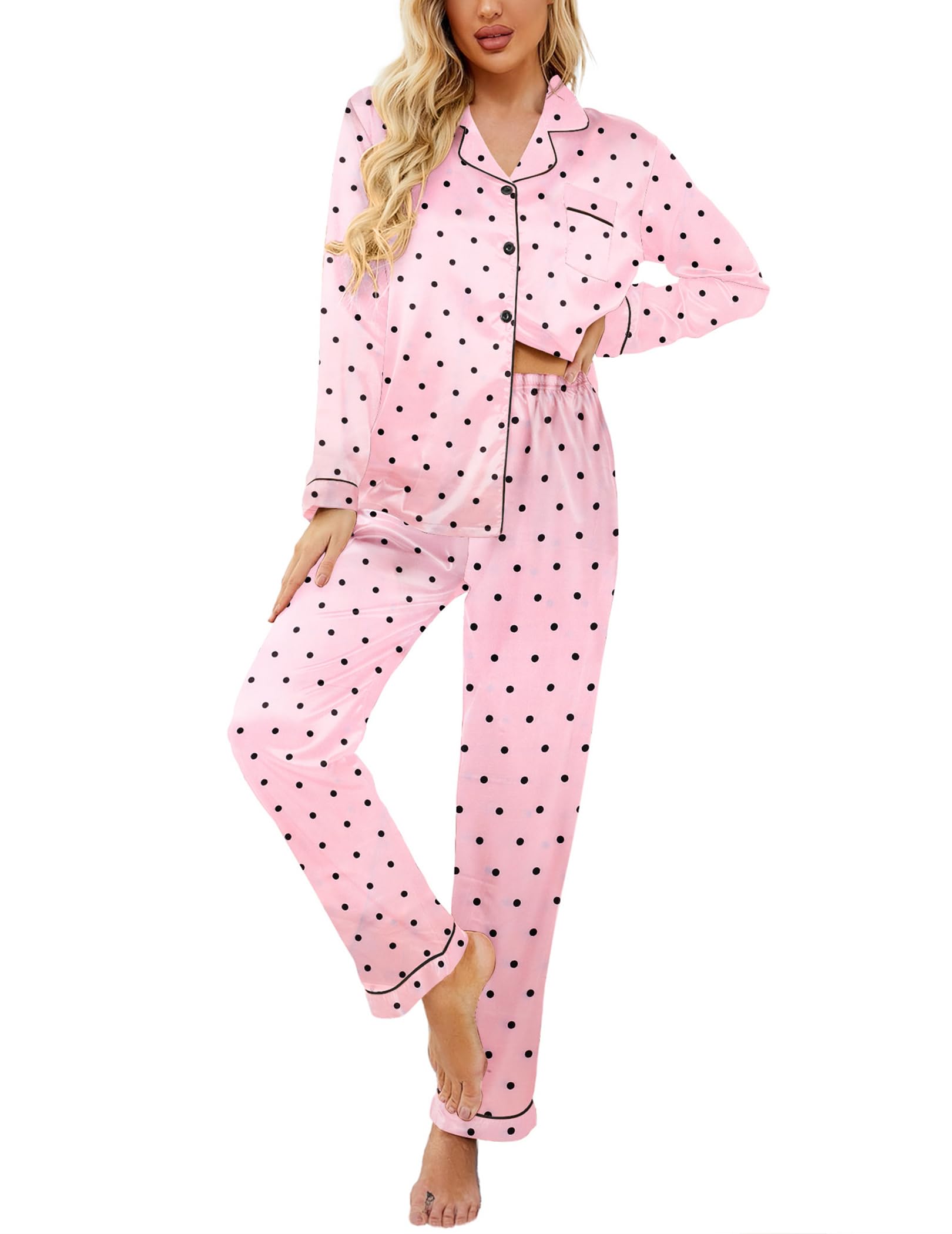 Ekouaer Womens Satin Silky Pajama Set Classic Pattern Button Down Pjs Set | Soft Fabric, Long Sleeve Notch Collar with Contrast Piping, Chest Pocket, Gifting Sleepwear WEBE CLOTHING