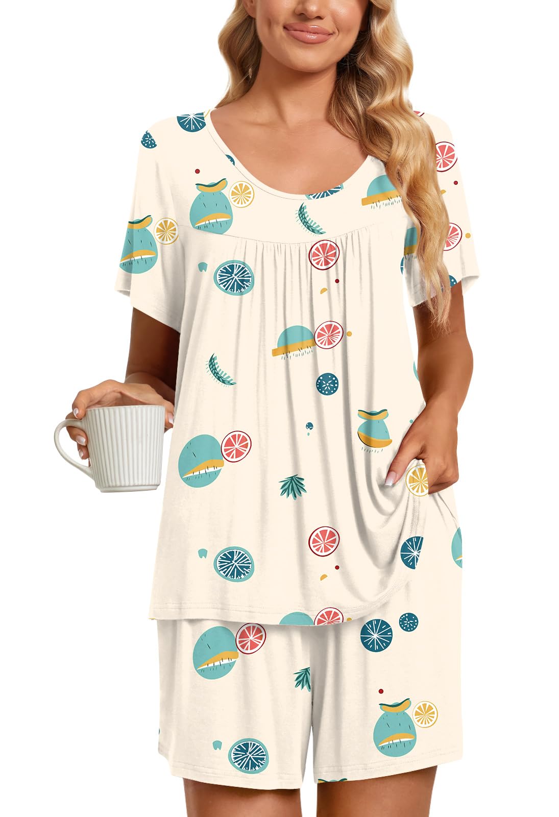 TAOHUADAO 2 Piece Women's Short Sleeve Pajama Sets, Lounge Sleepwear Ladies Pjs Sets with Pockets