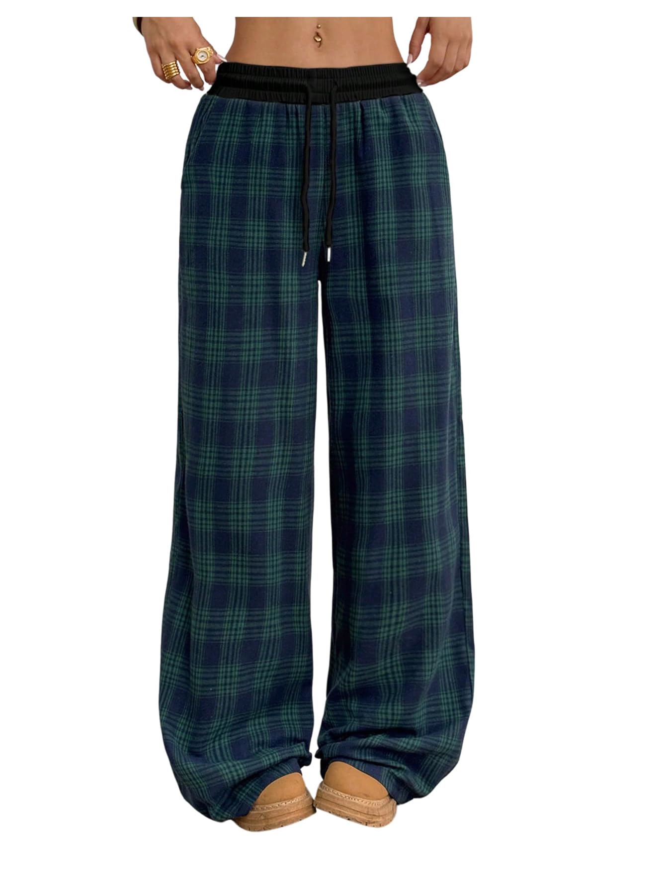SOLY HUX Women's Plaid Checkered Pants Flannel Pajama Pants Lounge Wide Leg Baggy Sweatpants with Pockets