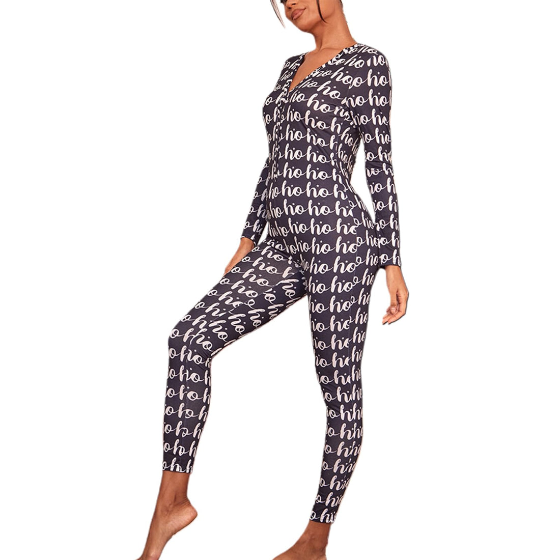 Women Christmas Long Sleeve Stripe Heart One Piece Pajamas Bodycon Jumpsuit Button Neck Sleepwear WEBE CLOTHING
