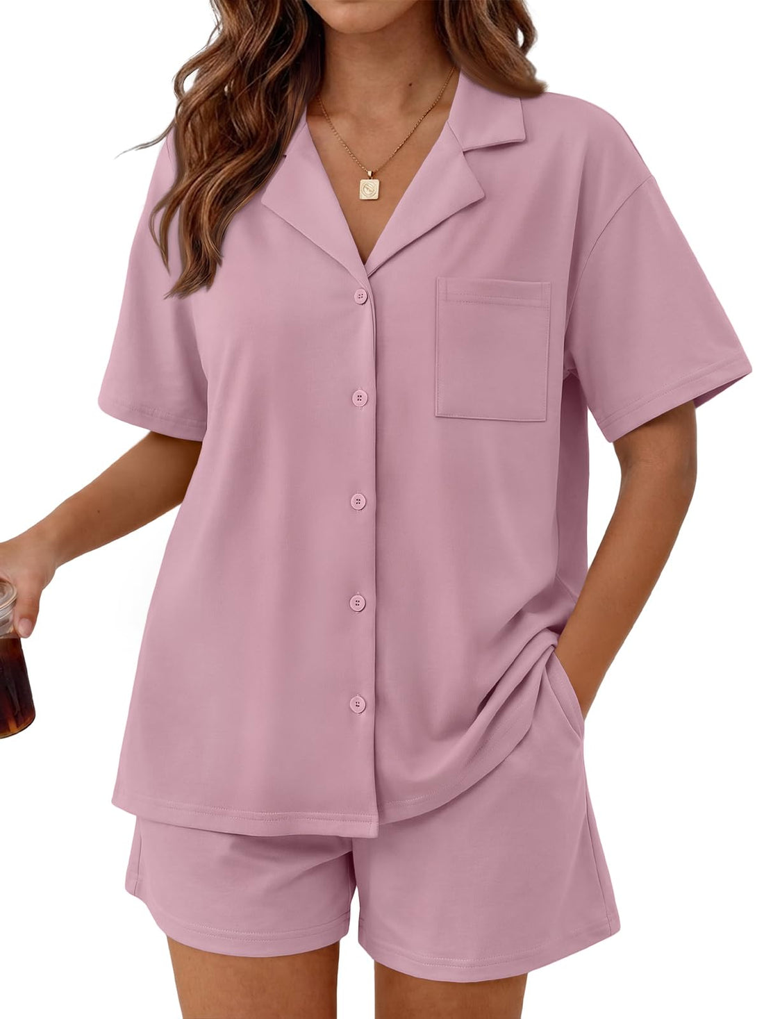 Trendy Queen Pajamas Set for Women 2 Piece Short Sleeve Sleepwear Button Down Pjs Matching Lounge Sets with Pockets