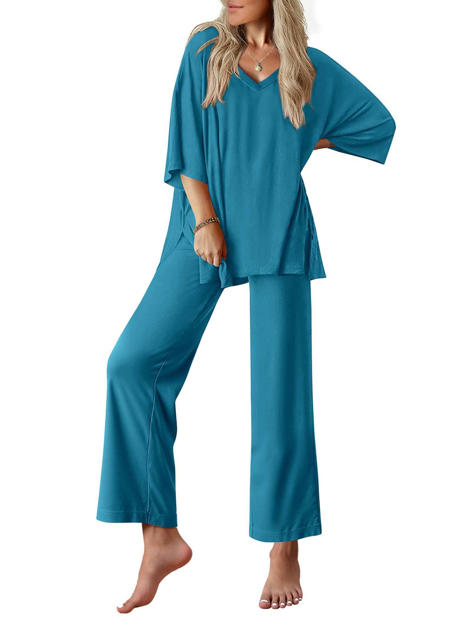 Ekouaer Lounge Sets for Women Short Sleeve Tops and Long Pants Pajamas Set | Comfy V Neck Top and Loose Fit Pants, Fashion Oversized style, ideal for Home relaxation, Daily Wear & Maternity WEBE CLOTHING