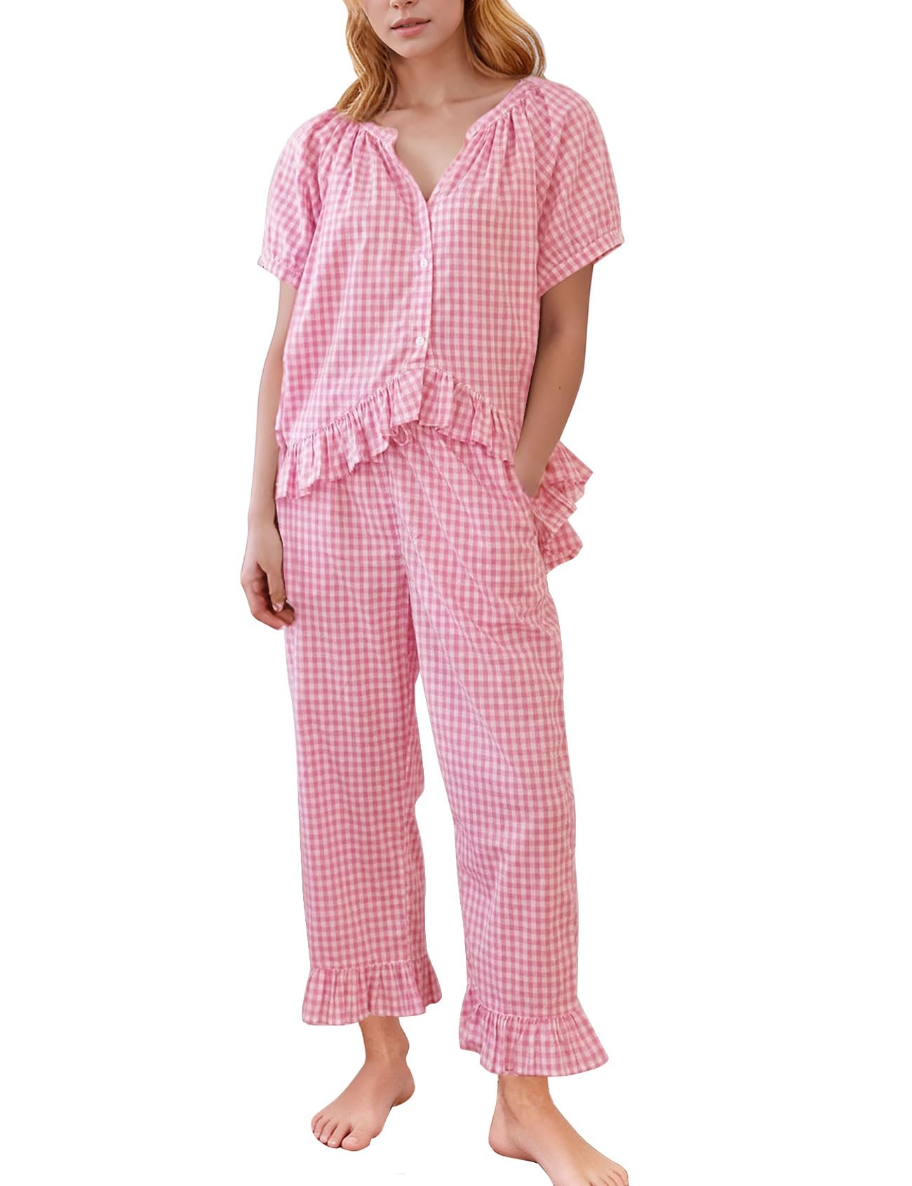 Flygo Womens Plaid 2 Piece Pajamas Sets Gingham Button Down Puff Sleeve Babydoll Shirt Ruffle Pants Y2K Pjs Lounge Set WEBE CLOTHING