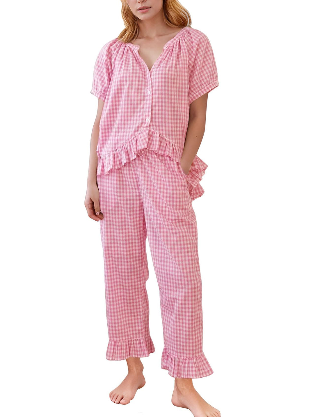 Flygo Womens Plaid 2 Piece Pajamas Sets Gingham Button Down Puff Sleeve Babydoll Shirt Ruffle Pants Y2K Pjs Lounge Set WEBE CLOTHING