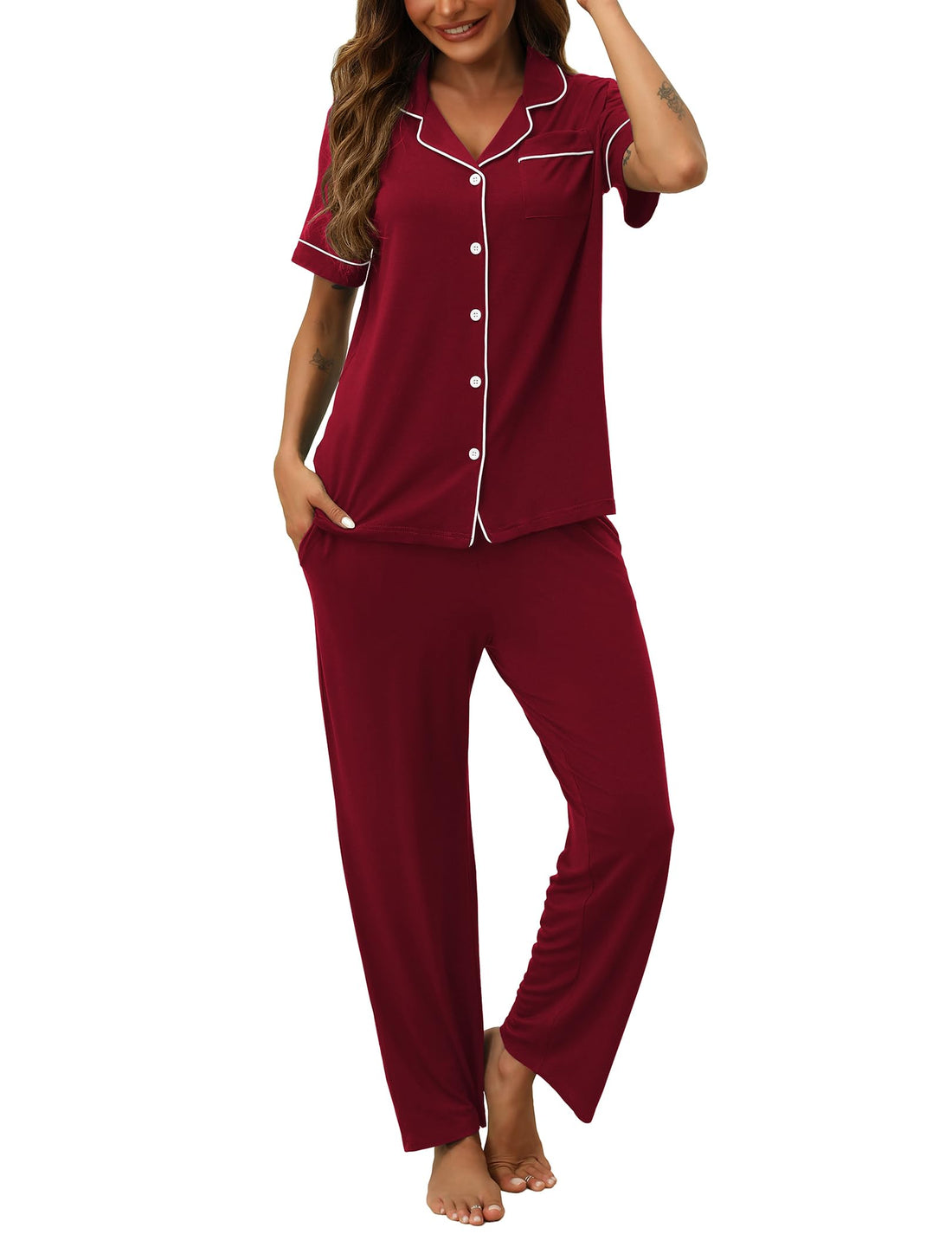 HNG Women Pajamas Set 2 Piece Button Up Pajamas Pant and Short Sleeve Shirt for Woman Pj Sets with Pocket