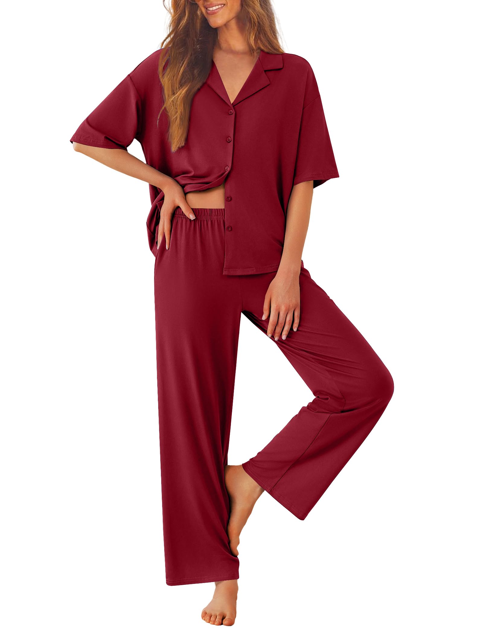 Ekouaer Women Pajamas Set Button Down Sleepwear Short Sleeve Pjs Soft Comfy Nightwear with Long Pants S-XXL