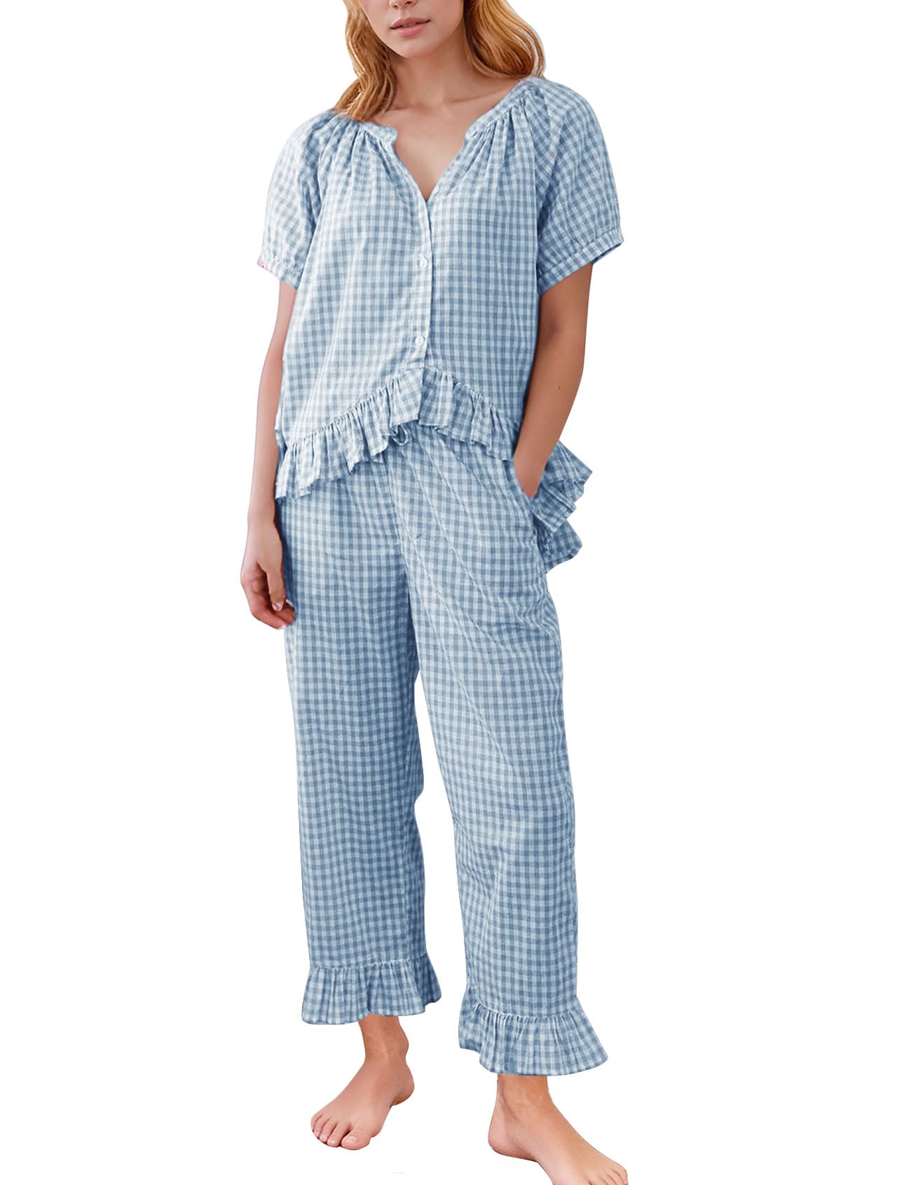 Flygo Womens Plaid 2 Piece Pajamas Sets Gingham Button Down Puff Sleeve Babydoll Shirt Ruffle Pants Y2K Pjs Lounge Set WEBE CLOTHING