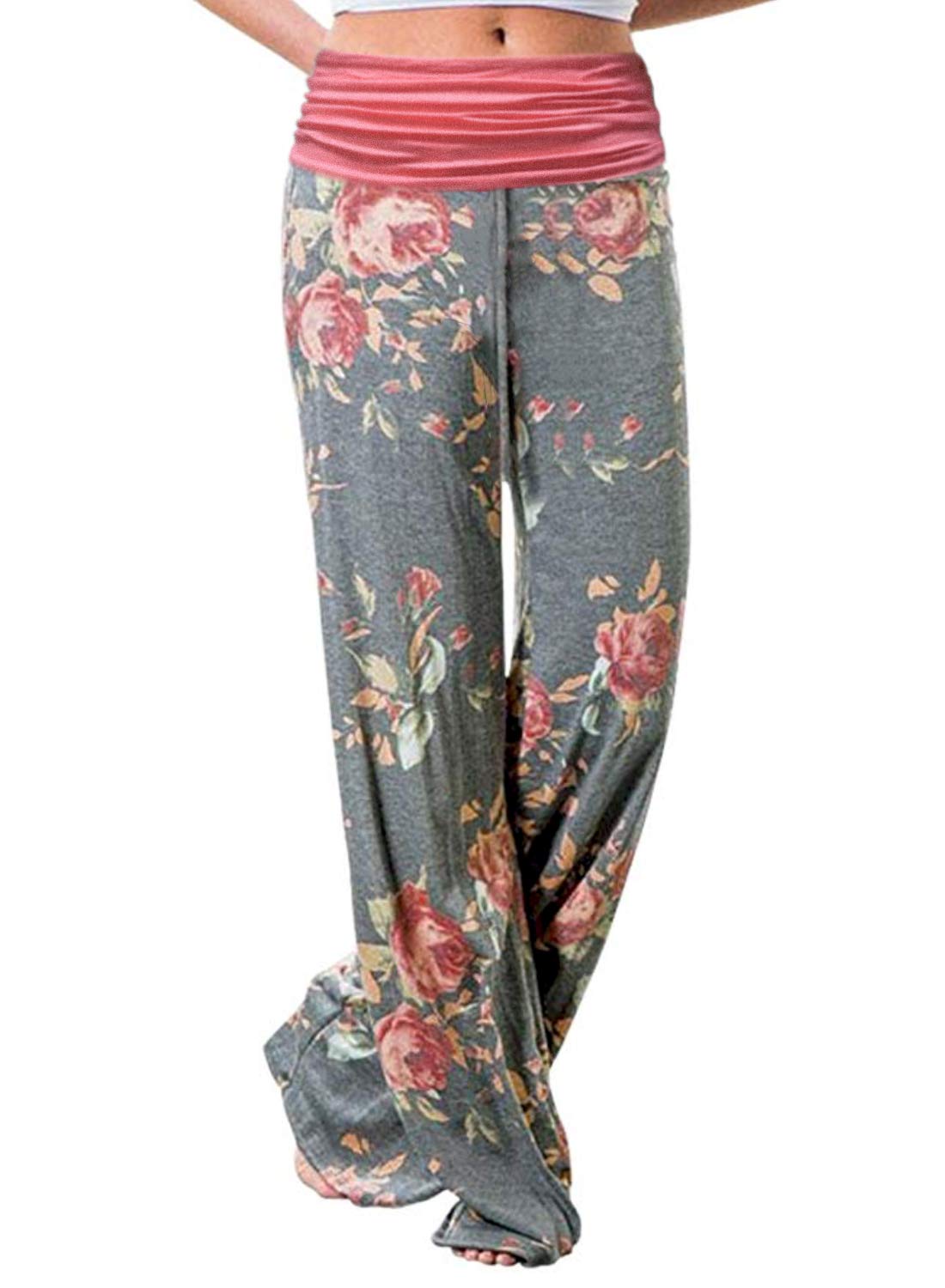 Gracyoga Women's Comfy Pajama Pants Wide Leg Lounge Palazzo Yoga Pants Stretch Casual Floral Print Fold Waist Pants