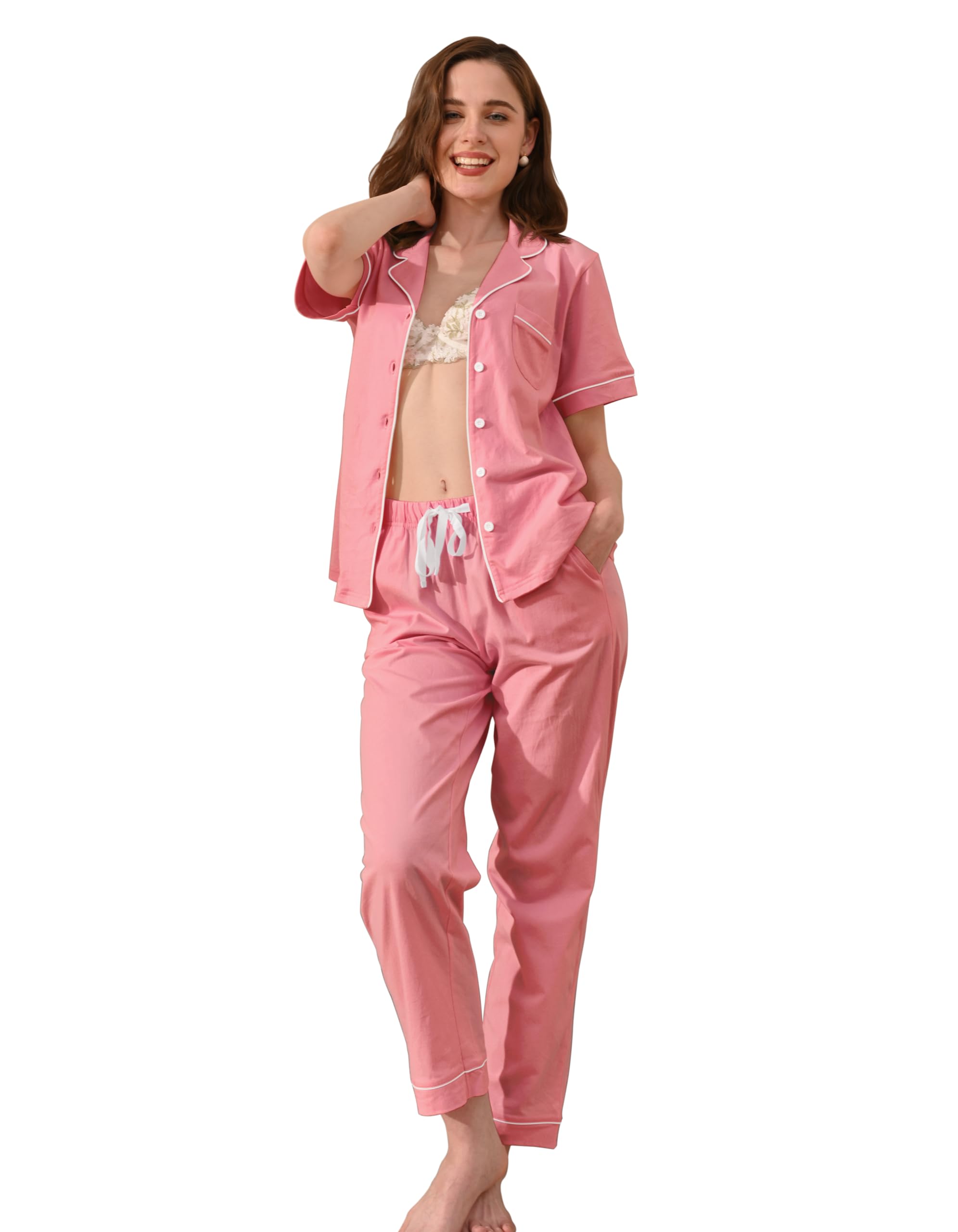 NAP BOUND 100% Cotton Pajamas for Women Sets 2 Pieces Pjs Button short sleeves with Pockets Soft Sleepwear Loungewear XS-XXL