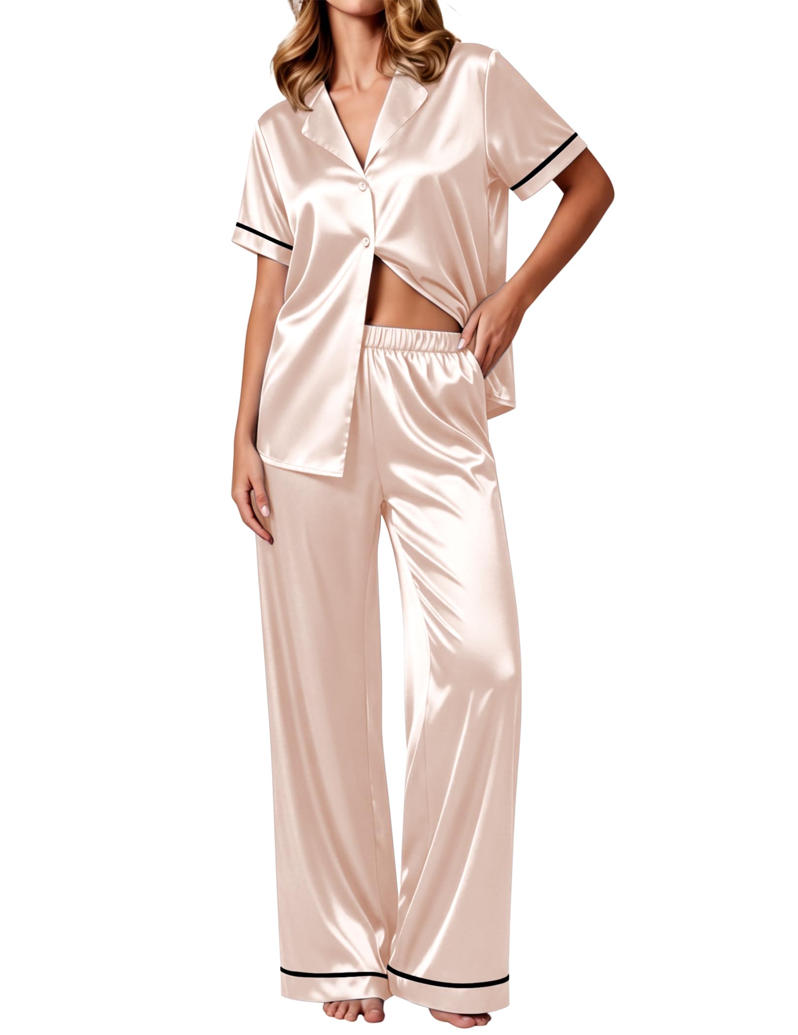 Ekouaer Women's Silk Pajamas Set Short Sleeve Satin Pjs 2 Piece Soft Loungewear with Pants Button Down Sleepwear